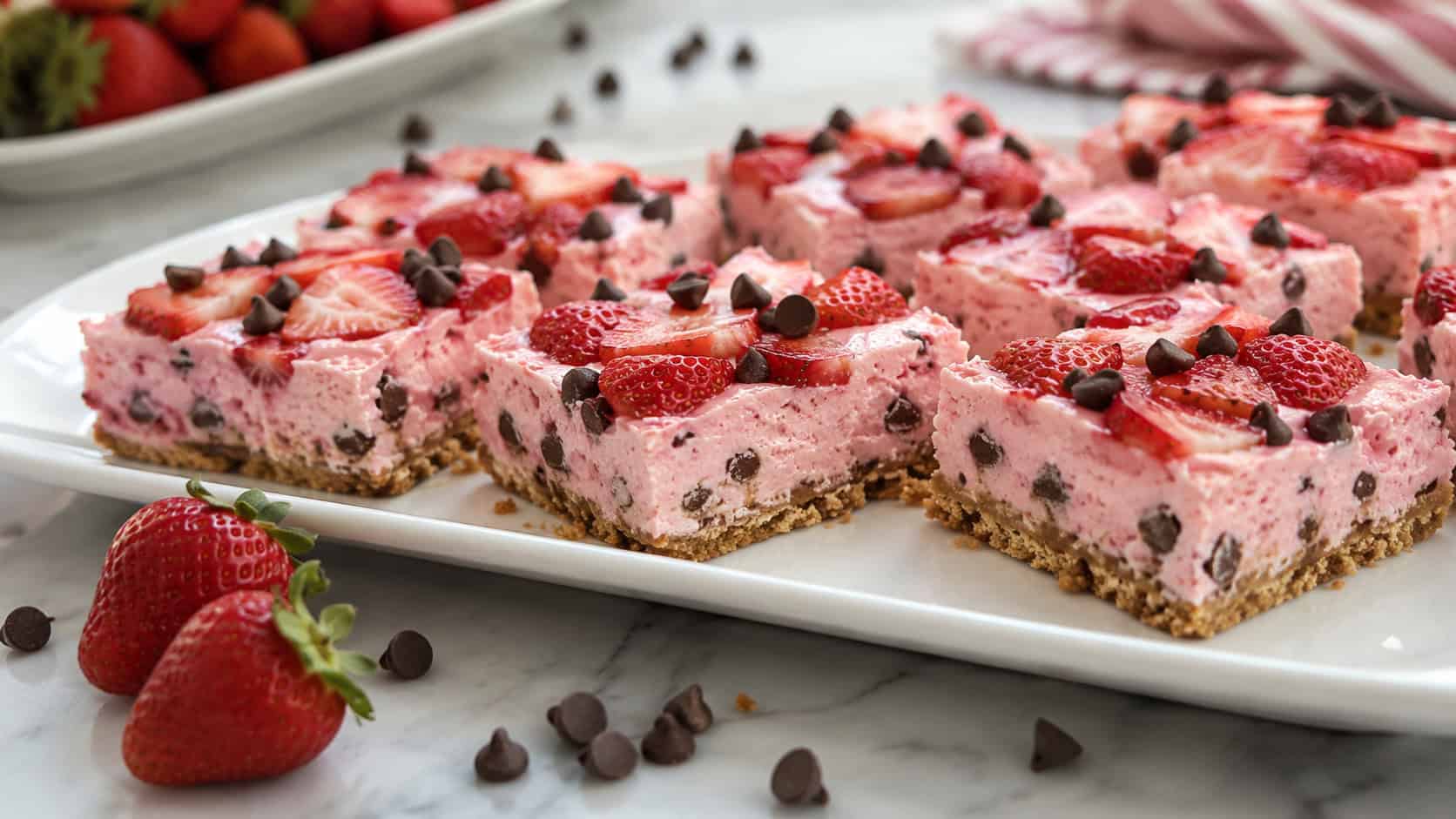pink strawberry cheesecake bars flecked with chocolate chips and topped with sliced berries on a white platter in a wide horizontal shot, fresh strawberries and scattered chocolate chips on a light table, natural light, shallow depth of field, landscape orientation