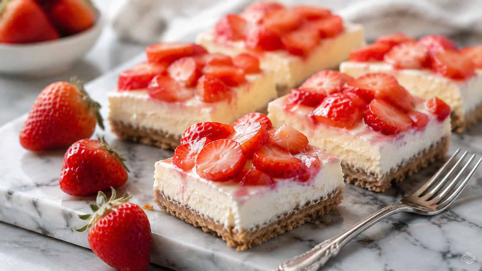 creamy no-bake strawberry cheesecake bars topped with fresh sliced strawberries on a marble board in a wide horizontal shot, a few whole berries and a silver fork beside them, soft natural light, shallow depth of field, landscape orientation