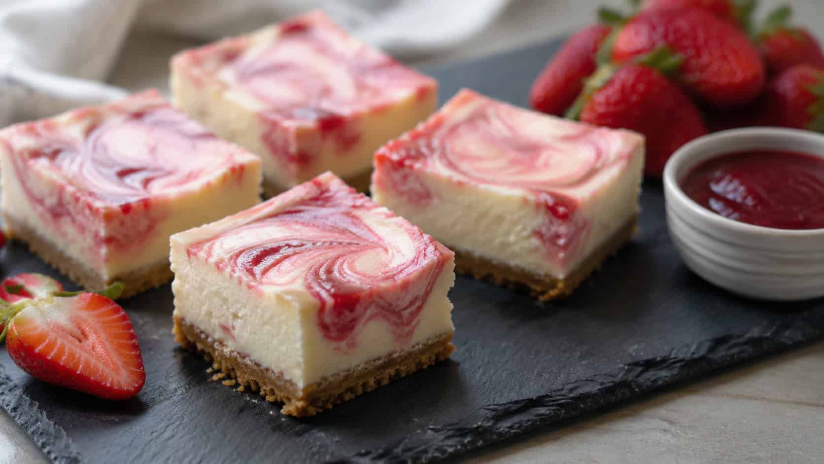cheesecake squares with pink strawberry swirls marbled across the top on a slate serving board in a wide horizontal shot, fresh strawberries and a small bowl of berry puree nearby, bright natural light, shallow depth of field, landscape orientation