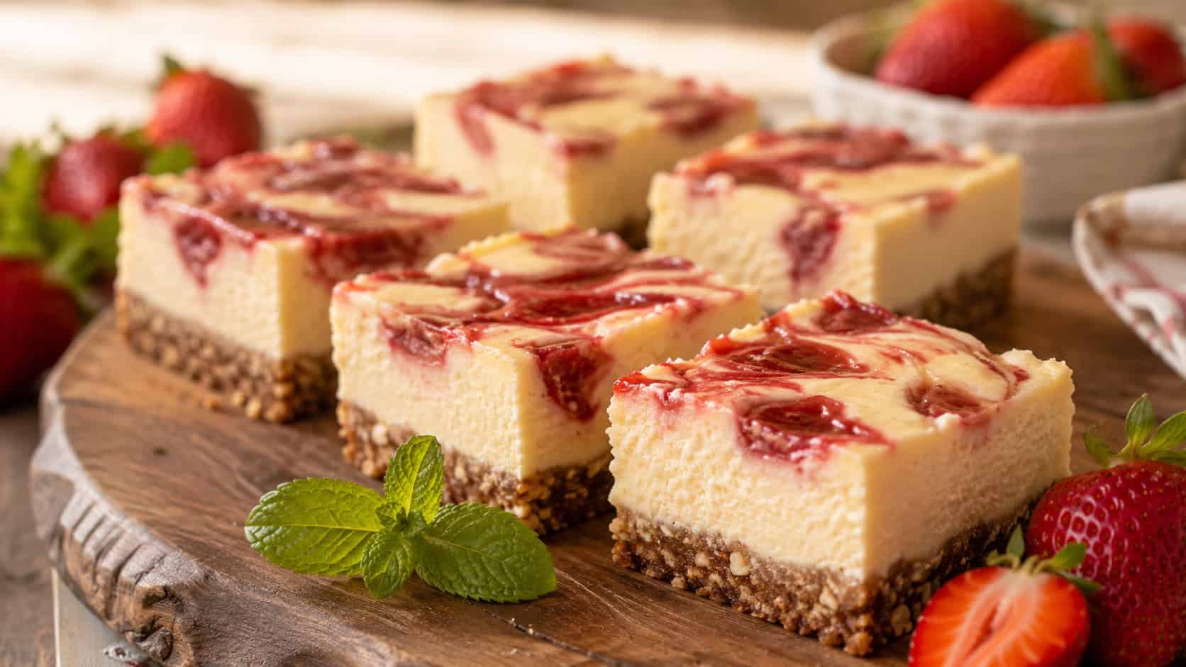 golden gluten-free strawberry cheesecake bars with a nutty crust on a rustic wooden board in a wide horizontal shot, fresh whole strawberries and a sprig of mint alongside, warm natural light, shallow depth of field, landscape orientation