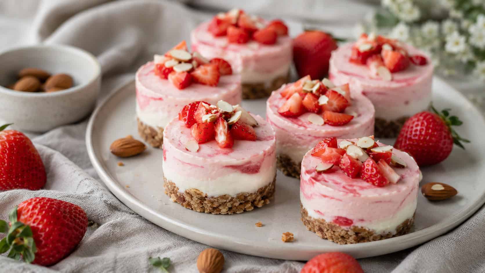 creamy pink-and-white vegan strawberry cheesecake bites on a pale ceramic plate in a wide horizontal shot, fresh strawberries and almonds scattered on a soft linen surface, diffused natural light, shallow depth of field, landscape orientation