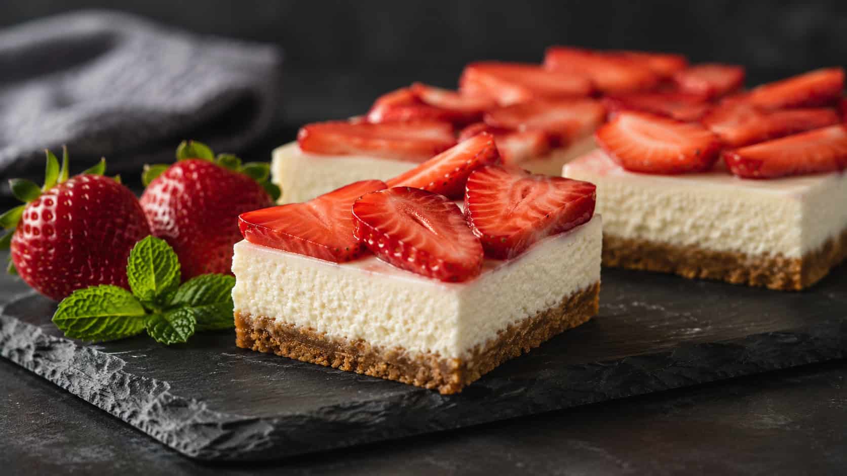 rich keto strawberry cheesecake bars topped with fresh strawberry slices on a dark stone board in a wide horizontal shot, a few whole berries and a sprig of mint beside them, moody natural light, shallow depth of field, landscape orientation