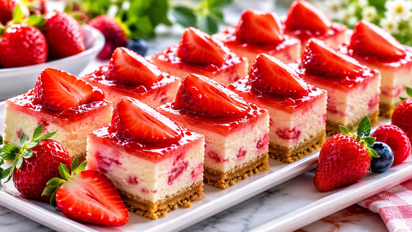 tiny strawberry cheesecake squares each topped with a glazed strawberry slice arranged in neat rows on a white tray in a wide horizontal shot, fresh berries scattered around, bright natural light, shallow depth of field, landscape orientation