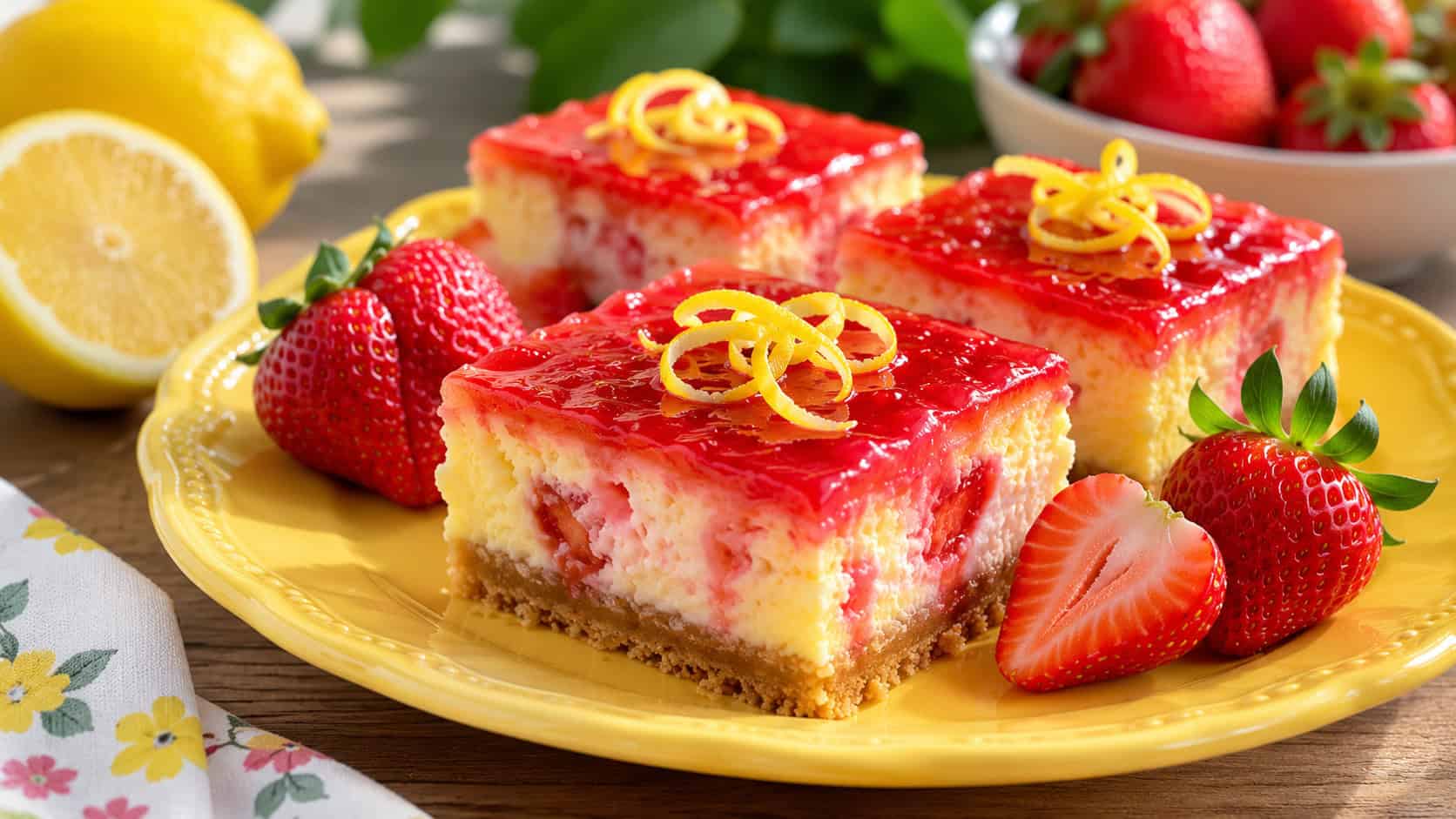 bright lemon strawberry cheesecake bars with a glossy red topping and curls of lemon zest on a yellow ceramic plate in a wide horizontal shot, fresh strawberries and lemon halves beside them, sunny natural light, shallow depth of field, landscape orientation