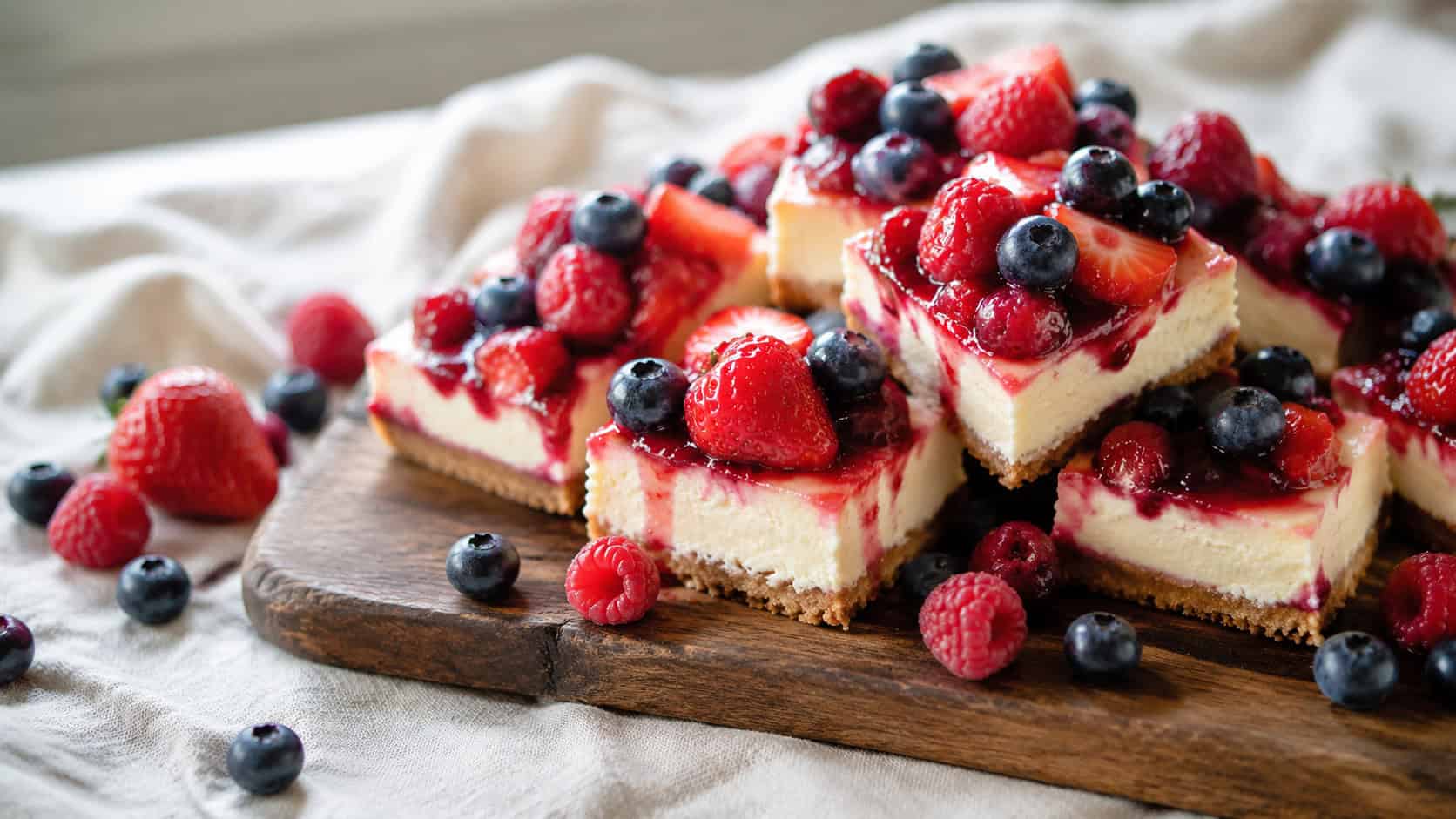 cheesecake bars piled with a glossy mix of strawberries, blueberries, and raspberries on a wooden serving board in a wide horizontal shot, loose berries scattered across a linen cloth, natural light, shallow depth of field, landscape orientation