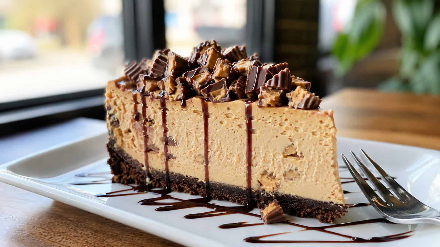 a tall slice of peanut butter cheesecake on a chocolate crust topped with chopped peanut butter cups in a wide horizontal shot, on a white plate with a fork and a chocolate drizzle, natural light, shallow depth of field, landscape orientation