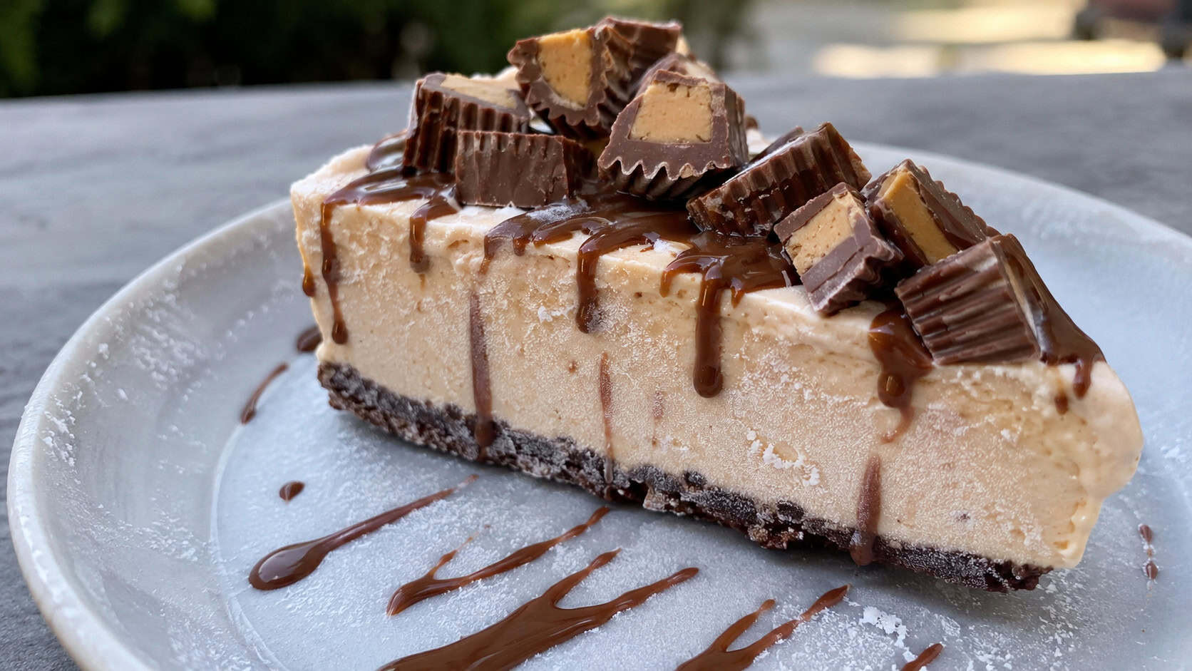 a frozen peanut butter cheesecake slice on a chocolate crust topped with peanut butter cups in a wide horizontal shot, on a chilled plate with frost and a chocolate drizzle, natural light, shallow depth of field, landscape orientation