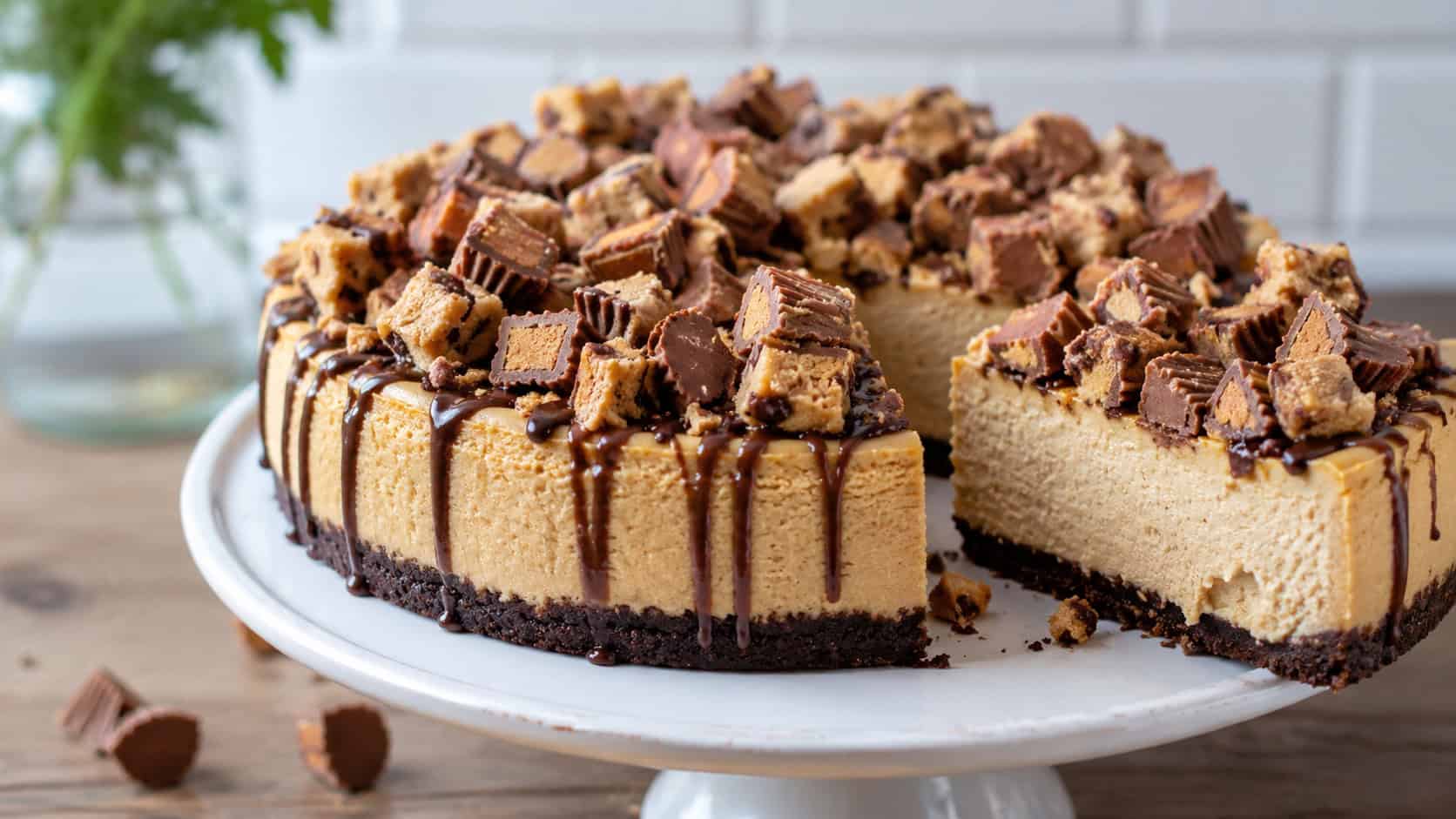 a peanut butter cheesecake topped with cookie dough chunks and chopped candy in a wide horizontal shot, on a cake stand with a slice cut, natural light, shallow depth of field, landscape orientation