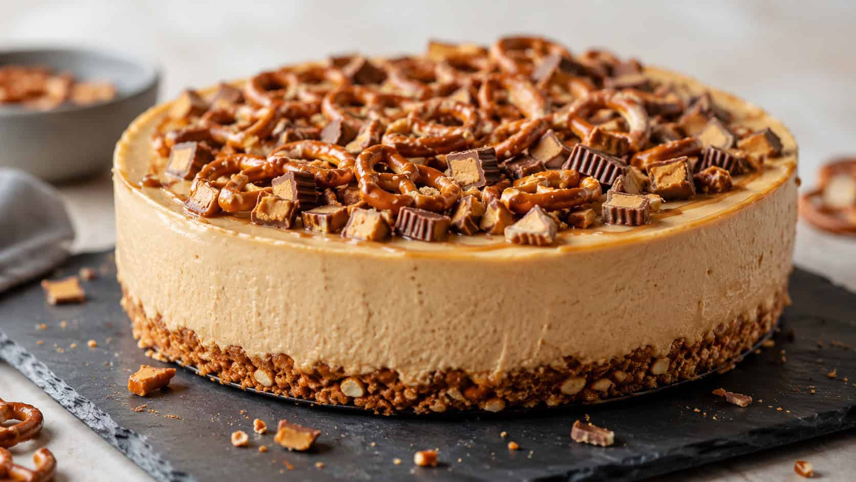 a peanut butter cheesecake on a golden pretzel crust topped with chopped candy and pretzel pieces in a wide horizontal shot, on a slate board, natural light, shallow depth of field, landscape orientation