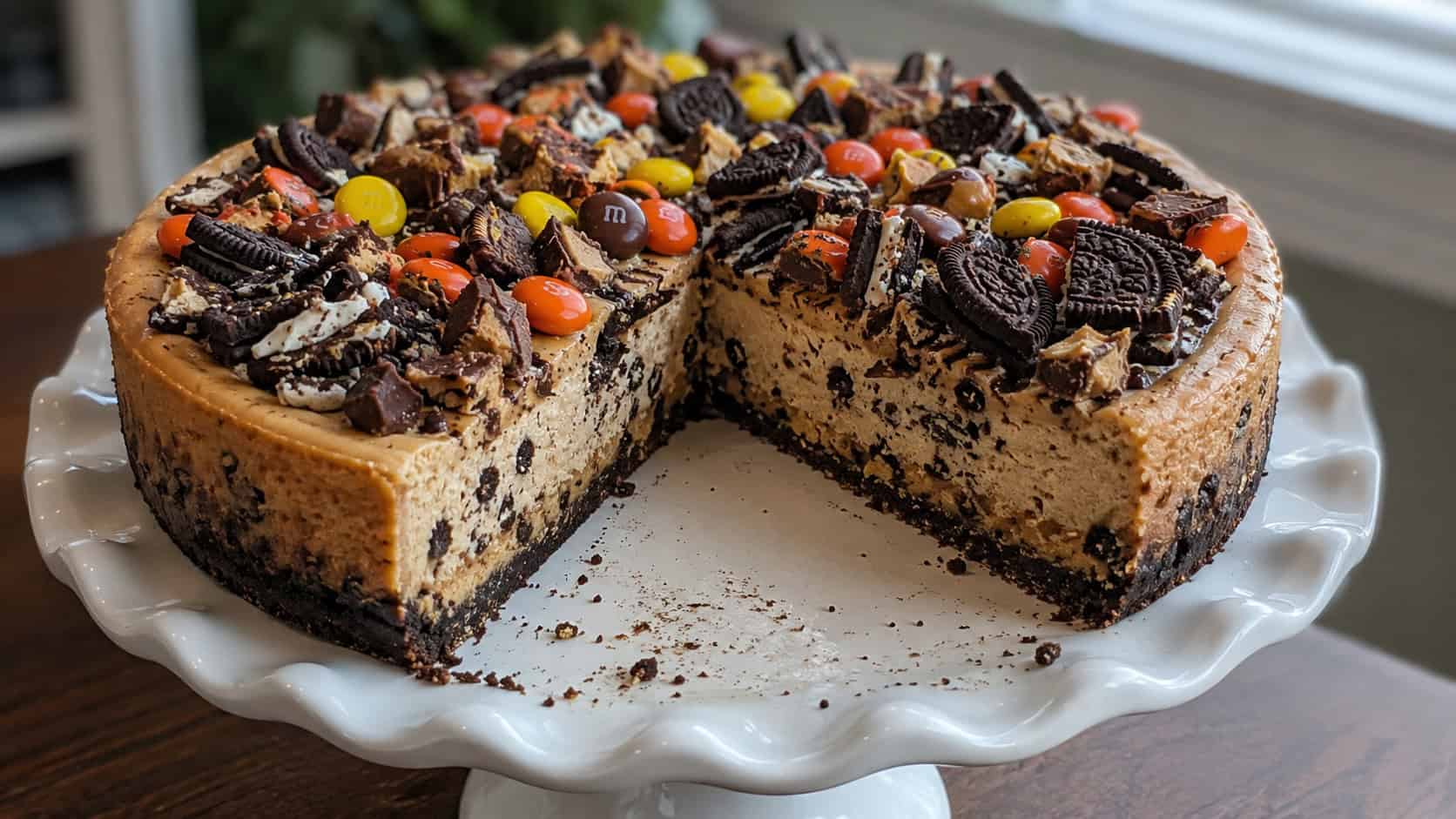 a cookies-and-peanut-butter cheesecake topped with chopped sandwich cookies and candy in a wide horizontal shot, on a white cake stand with a slice removed, natural light, shallow depth of field, landscape orientation