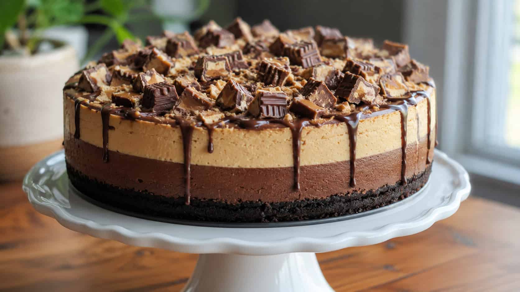 a tall layered cheesecake showing distinct chocolate and peanut butter stripes in a wide horizontal shot, on a cake stand with chopped candy on top, natural light, shallow depth of field, landscape orientation