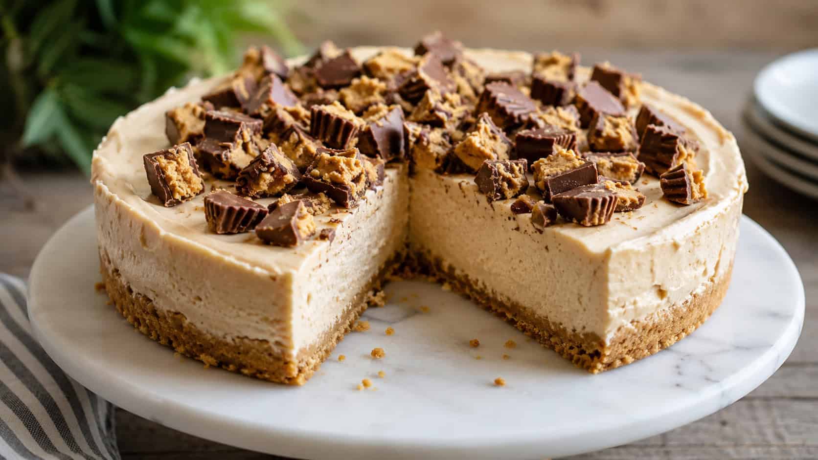 a creamy no-bake peanut butter cheesecake on a graham crust topped with chopped peanut butter cups in a wide horizontal shot, on a cake stand with a slice removed, natural light, shallow depth of field, landscape orientation