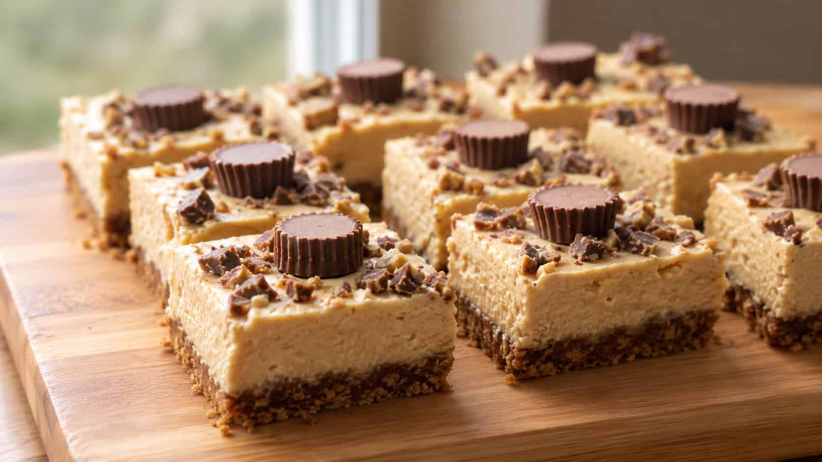 peanut butter cheesecake bars cut into neat squares topped with mini peanut butter cups in a wide horizontal shot, arranged on a wooden board, natural light, shallow depth of field, landscape orientation