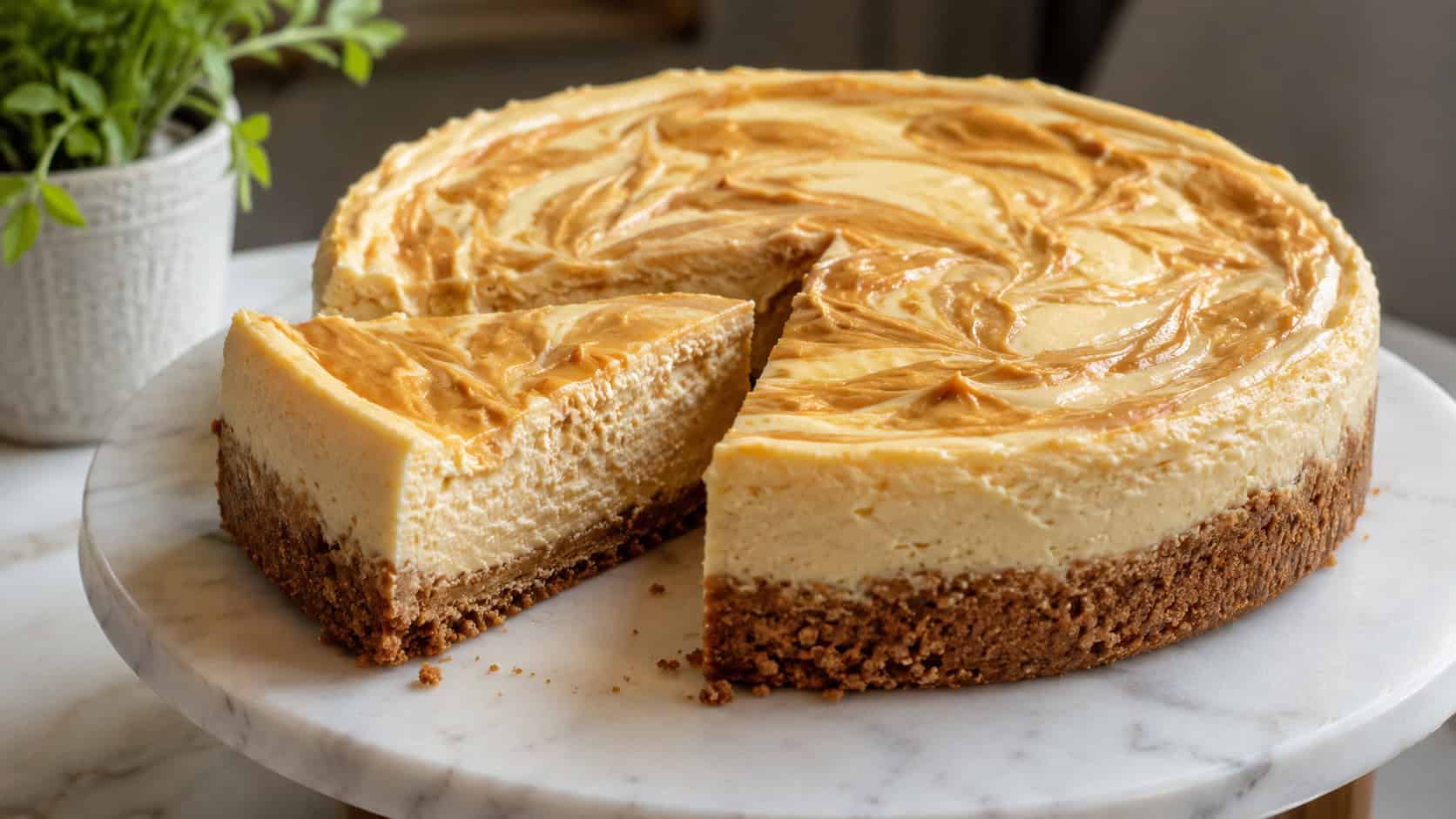 a creamy cheesecake with golden peanut butter swirls across the top in a wide horizontal shot, on a marble cake stand with one slice pulled out, natural light, shallow depth of field, landscape orientation