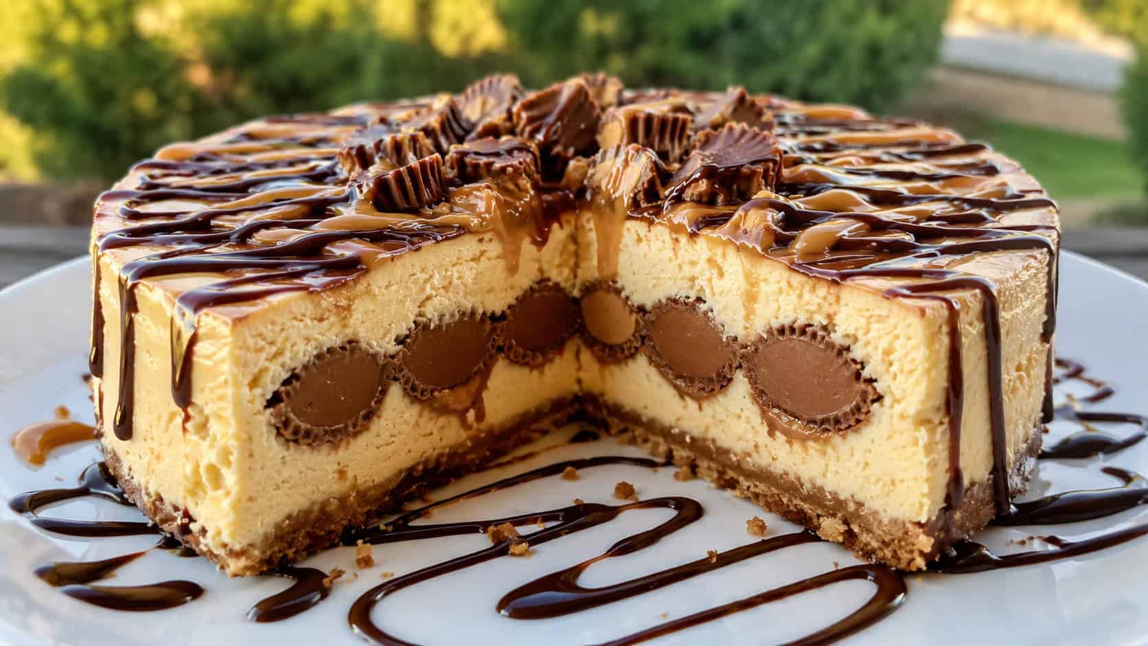 a sliced cheesecake revealing a hidden layer of whole peanut butter cups inside in a wide horizontal shot, on a white plate with a chocolate drizzle, natural light, shallow depth of field, landscape orientation