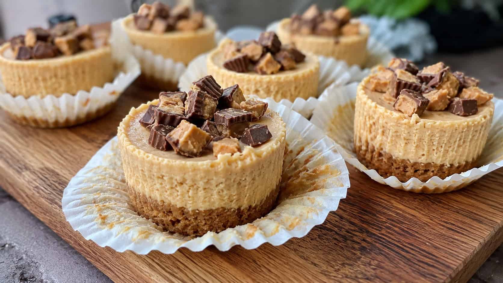 a tray of mini peanut butter cheesecakes topped with chopped candy in a wide horizontal shot, on a wooden board with paper liners peeled back, natural light, shallow depth of field, landscape orientation