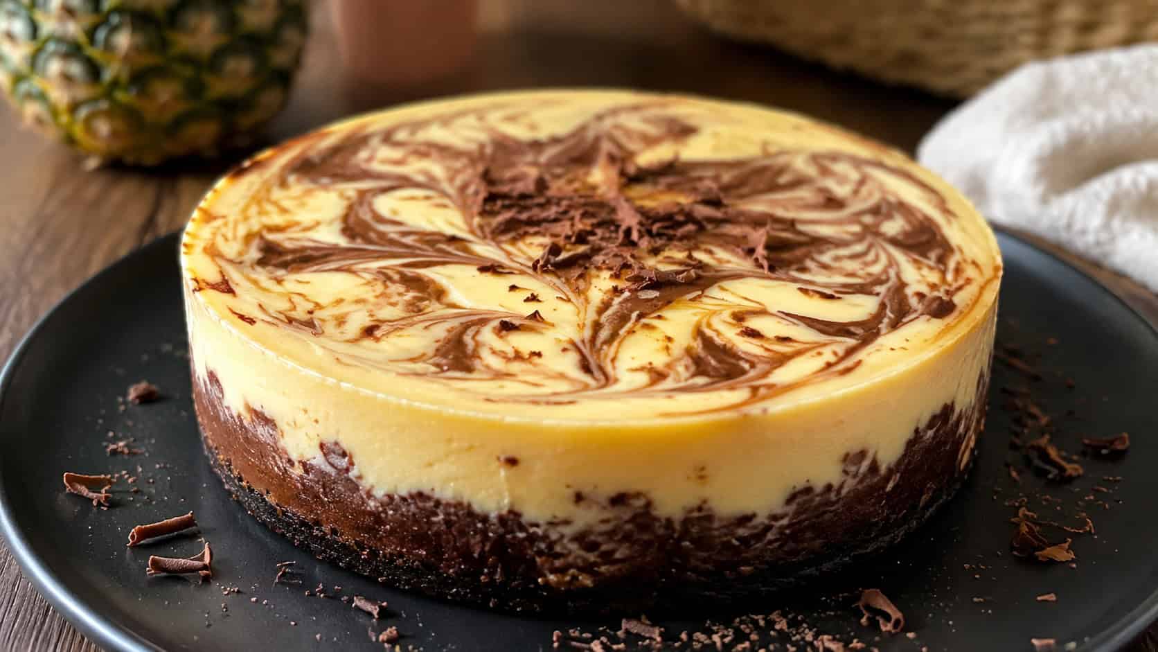 a chocolate-marbled pineapple cheesecake with swirled top in a wide horizontal shot, on a dark plate with chocolate shavings, soft natural light, shallow depth of field, landscape orientation