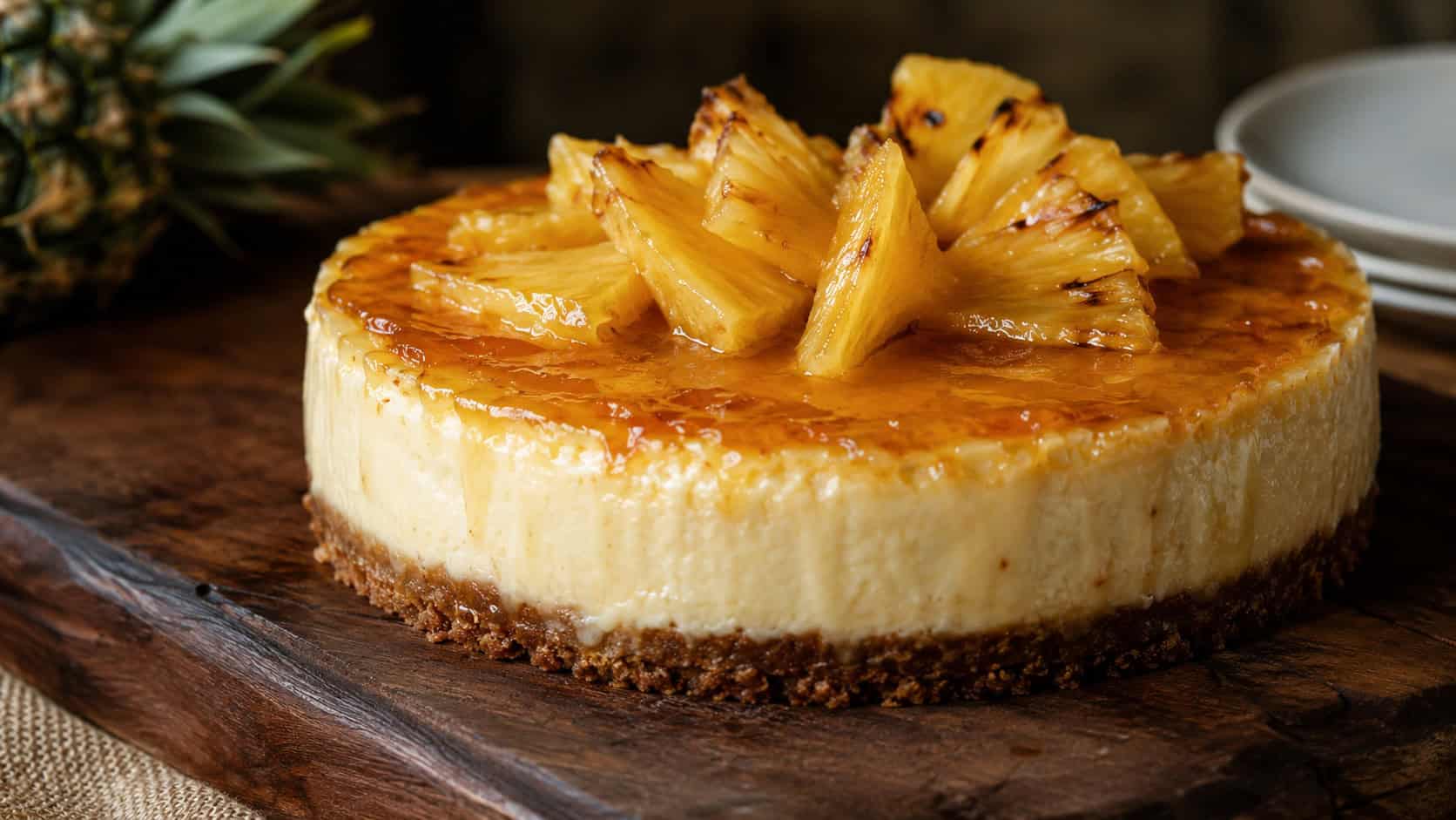a glazed pineapple rum cheesecake garnished with pineapple in a wide horizontal shot, on a moody wooden board, warm natural light, shallow depth of field, landscape orientation
