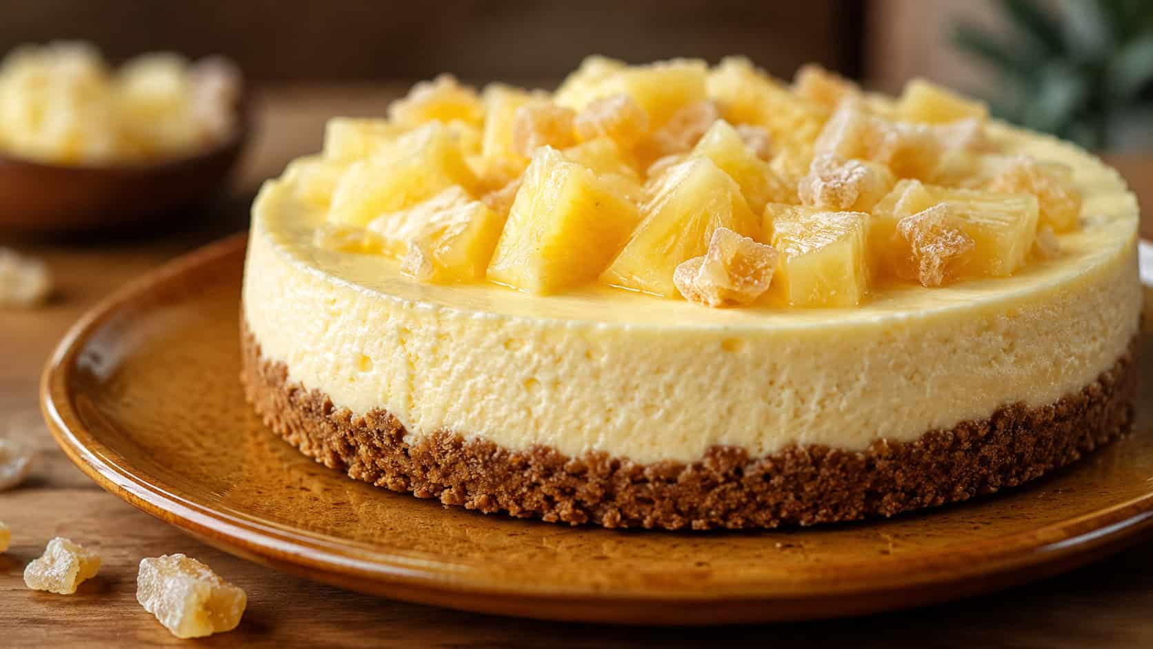 a pineapple ginger cheesecake on a gingersnap crust in a wide horizontal shot, on a warm-toned plate with candied ginger, soft natural light, shallow depth of field, landscape orientation