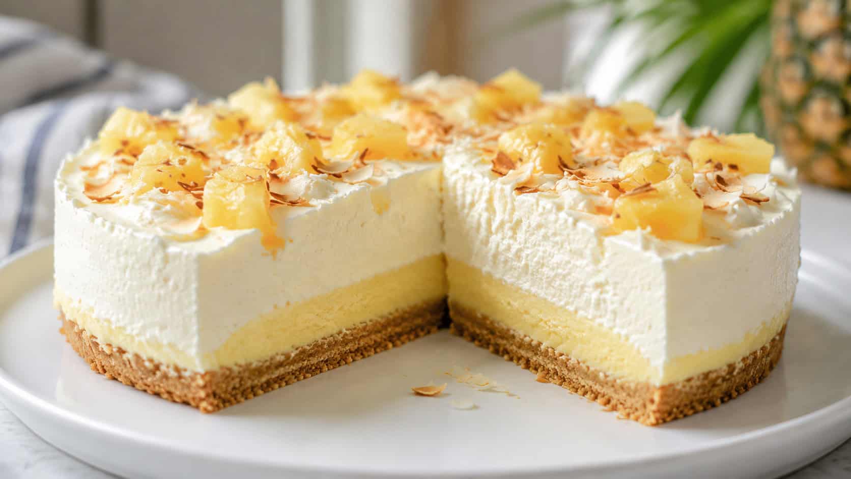a sliced layered pineapple coconut cheesecake showing two distinct cream layers in a wide horizontal shot, on a white plate, bright natural light, shallow depth of field, landscape orientation