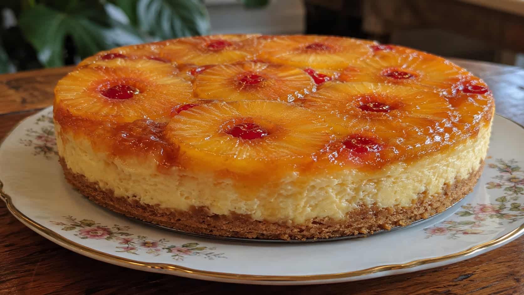 an inverted pineapple upside-down cheesecake with glossy caramelized pineapple rings and cherries on top in a wide horizontal shot, on a vintage cake plate, warm natural light, shallow depth of field, landscape orientation