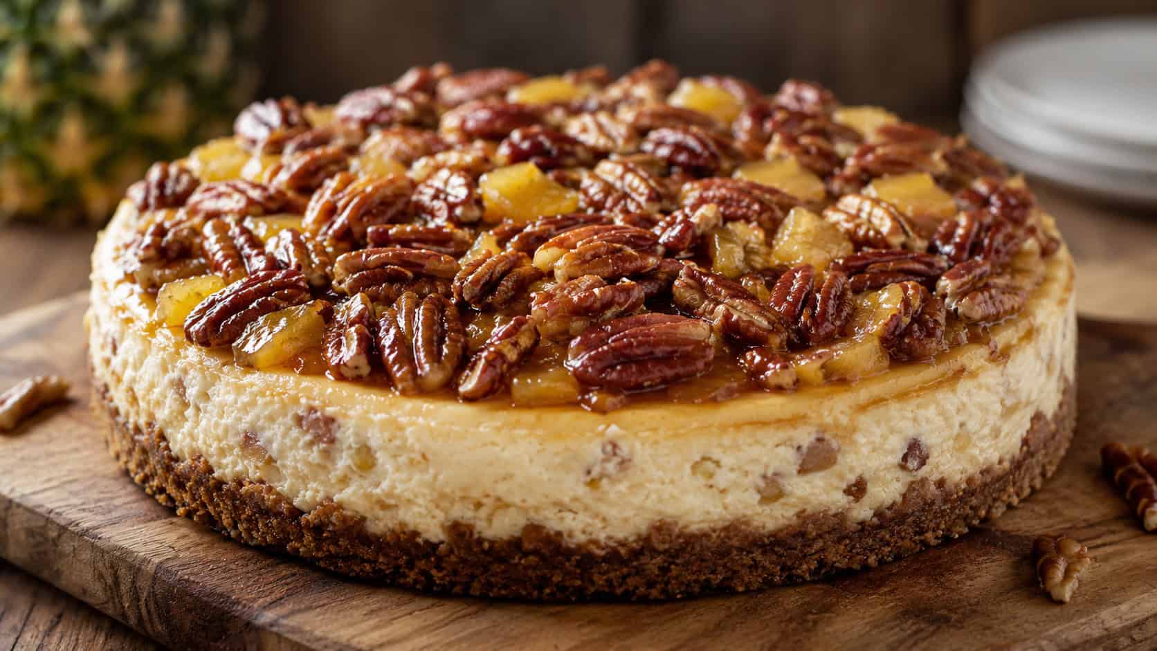 a buttery pecan pineapple cheesecake topped with toasted pecans in a wide horizontal shot, on a rustic wooden board, warm natural light, shallow depth of field, landscape orientation