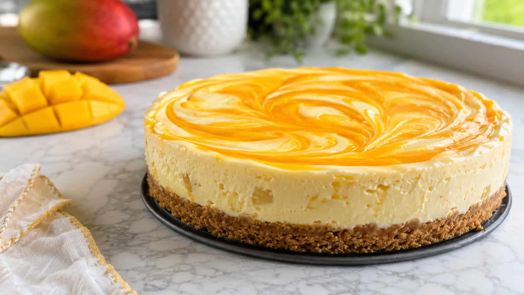 a pineapple cheesecake with a bright orange mango swirl on top in a wide horizontal shot, on a marble counter with mango slices, bright natural light, shallow depth of field, landscape orientation