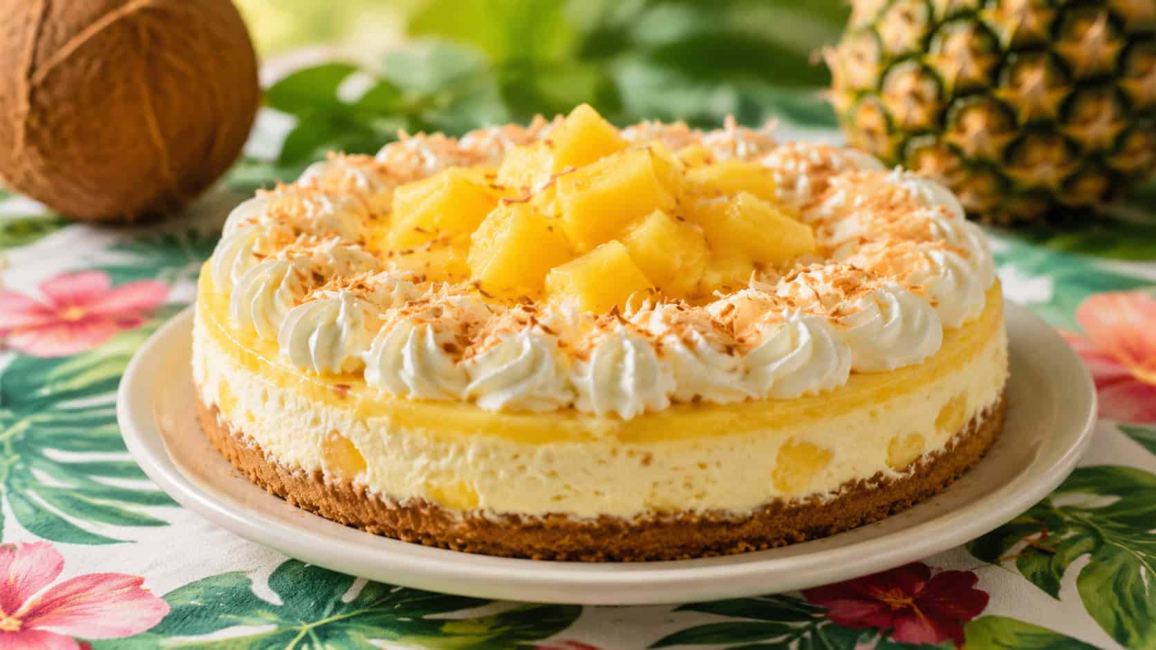 a pineapple coconut cheesecake crowned with whipped cream and pineapple in a wide horizontal shot, on a tropical-print cloth, bright natural light, shallow depth of field, landscape orientation