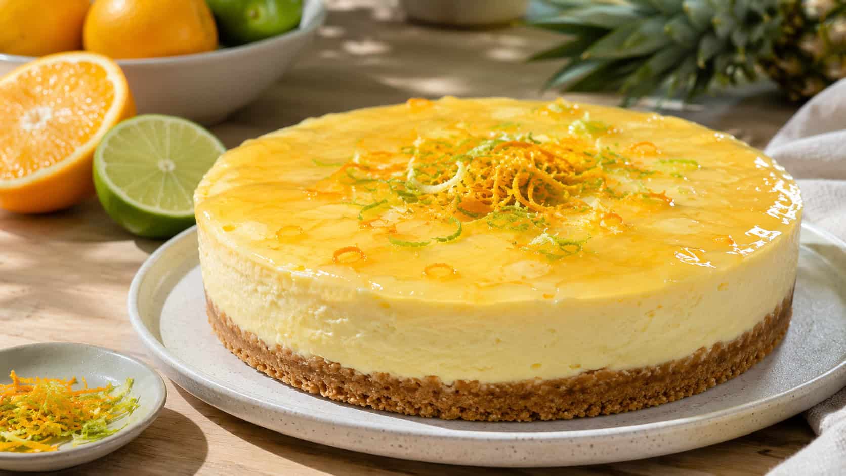 a glossy citrus pineapple cheesecake garnished with orange and lime zest in a wide horizontal shot, on a sunny table with citrus halves, bright natural light, shallow depth of field, landscape orientation