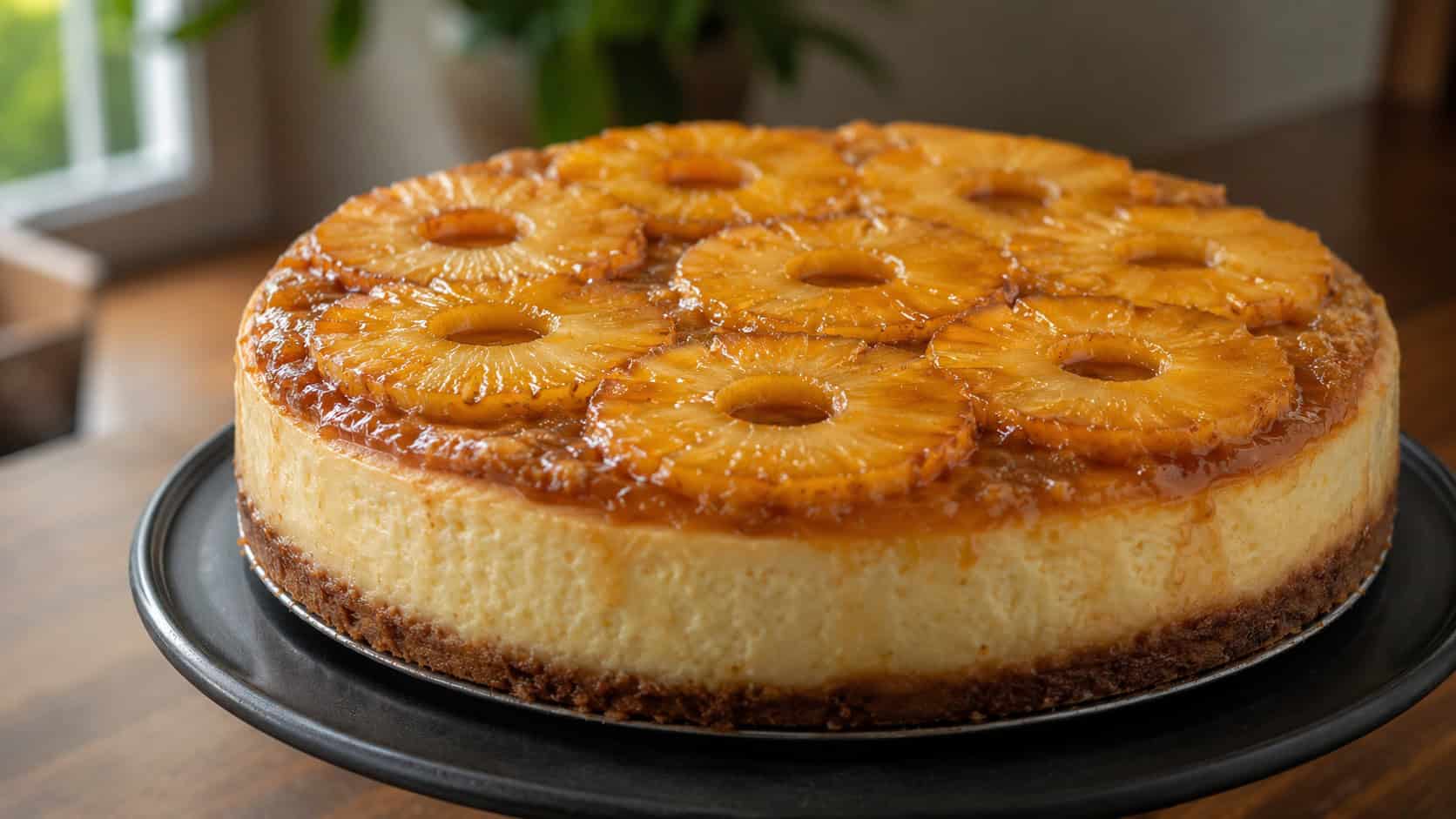 a cheesecake topped with glossy caramelized pineapple rings in a wide horizontal shot, on a dark cake stand, warm natural light, shallow depth of field, landscape orientation