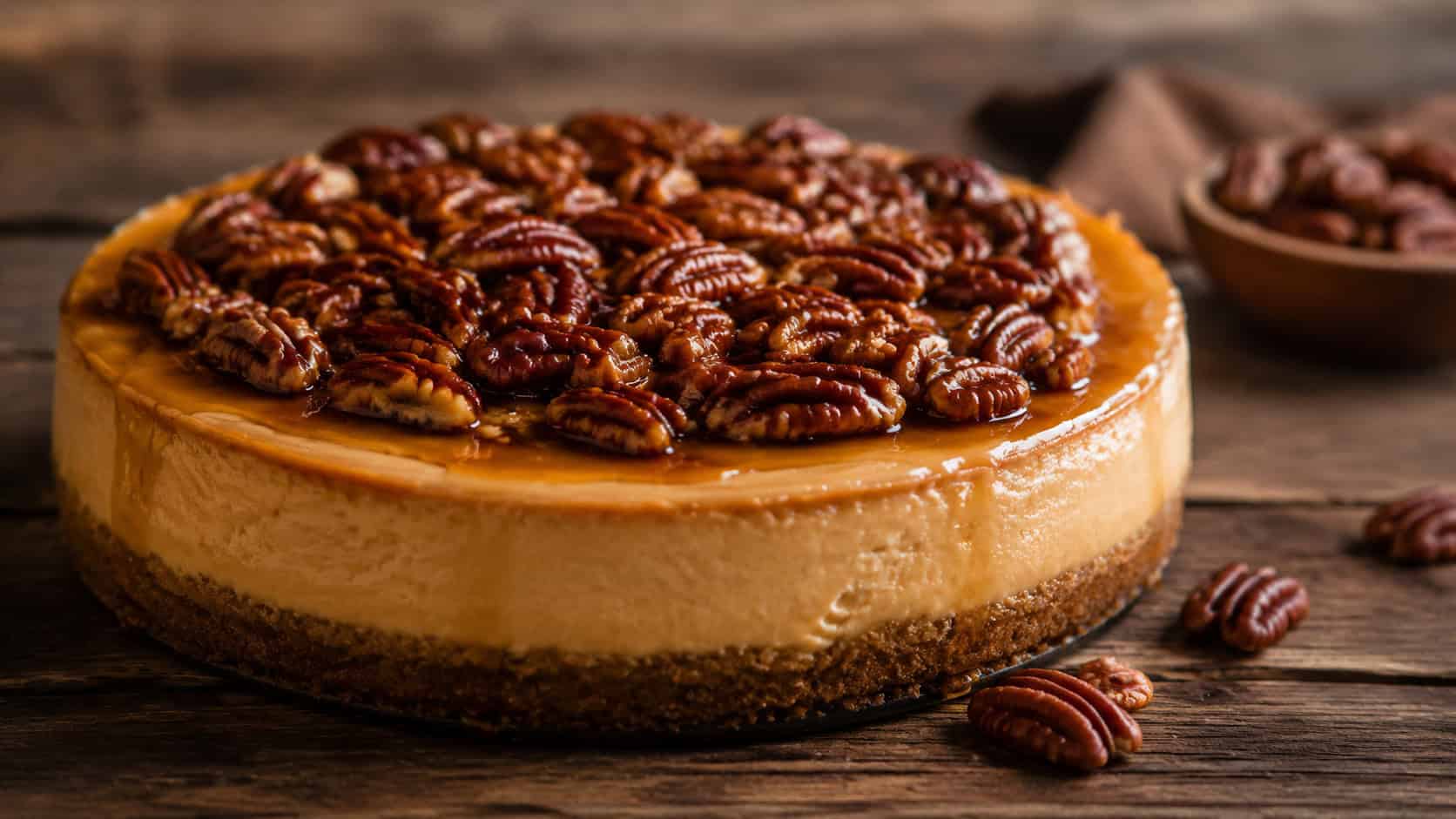 a caramel-toned cheesecake topped with glossy maple-glazed pecans in a wide horizontal shot, a few whole pecans scattered nearby, dark rustic wood table, warm amber natural light, shallow depth of field, landscape orientation