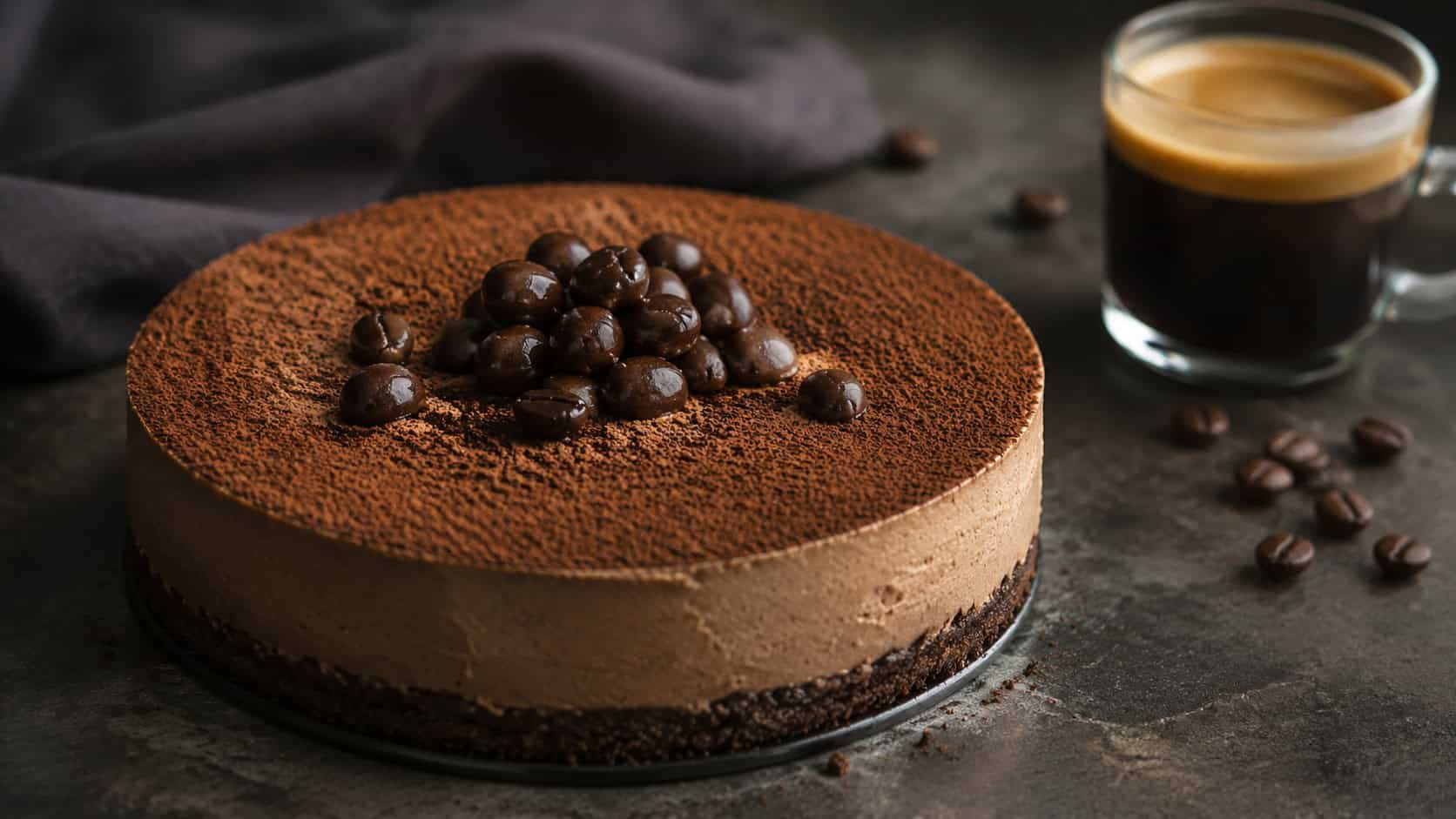 a dark mocha cheesecake dusted with cocoa and topped with chocolate-covered coffee beans in a wide horizontal shot, an espresso cup beside it, dark moody surface, soft natural light, shallow depth of field, landscape orientation