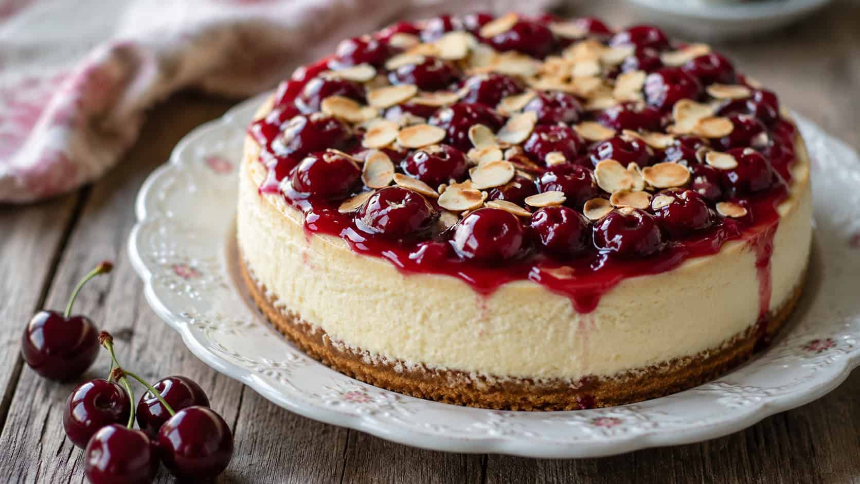 a creamy cheesecake topped with glossy red cherry filling and toasted almond slivers in a wide horizontal shot, a few fresh cherries beside it, white vintage plate, soft natural light, shallow depth of field, landscape orientation