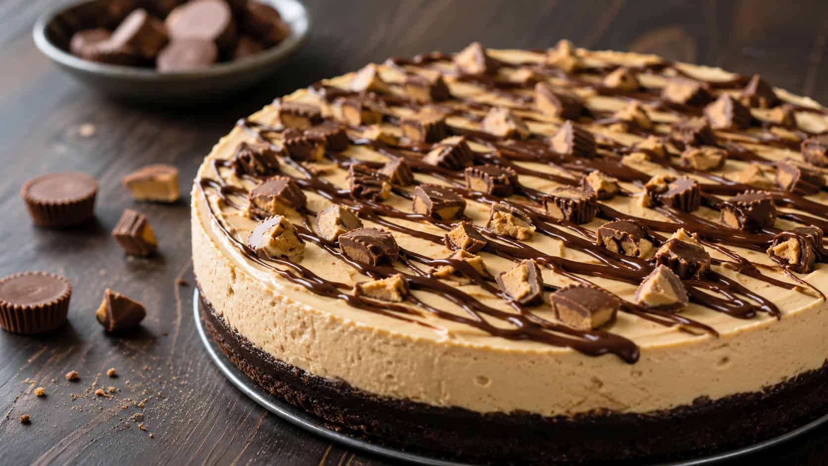 a creamy peanut butter cheesecake with chocolate drizzle zigzagged across the top in a wide horizontal shot, chopped peanut butter candies scattered around, dark wood surface, warm natural light, shallow depth of field, landscape orientation