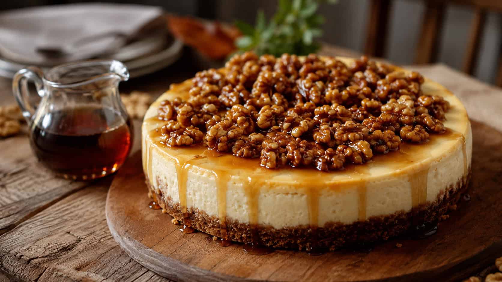 a golden maple cheesecake topped with glossy candied walnuts and a maple drizzle in a wide horizontal shot, a small jug of syrup beside it, warm rustic wood table, cozy natural light, shallow depth of field, landscape orientation