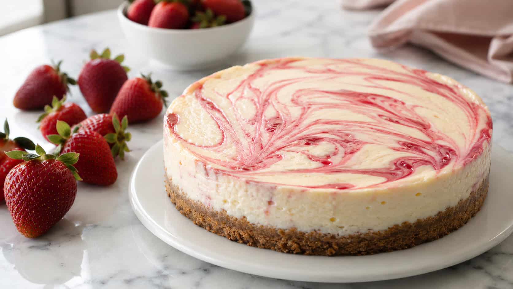 a strawberry swirl cheesecake with pink ribbons marbled across the creamy top in a wide horizontal shot, fresh strawberries scattered beside it, bright marble counter, airy natural light, shallow depth of field, landscape orientation