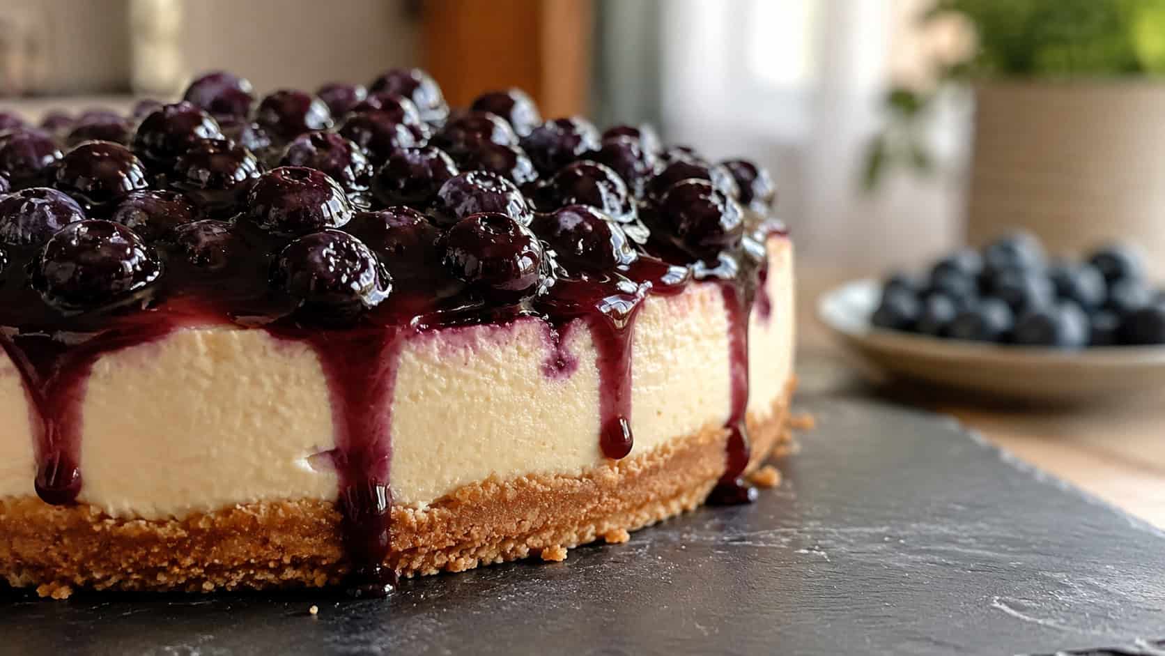 a creamy cheesecake topped with glossy purple blueberry compote dripping down the side in a wide horizontal shot, whole berries glistening, slate serving board, warm natural light, shallow depth of field, landscape orientation