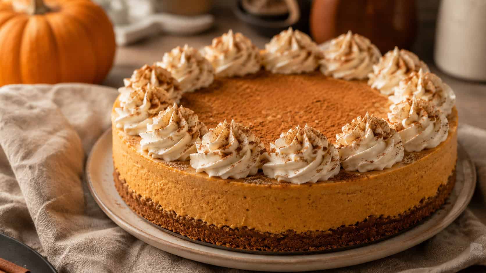 a warm orange pumpkin spice cheesecake dusted with cinnamon in a wide horizontal shot, swirls of whipped cream around the edge, rustic linen napkin, cozy golden natural light, shallow depth of field, landscape orientation