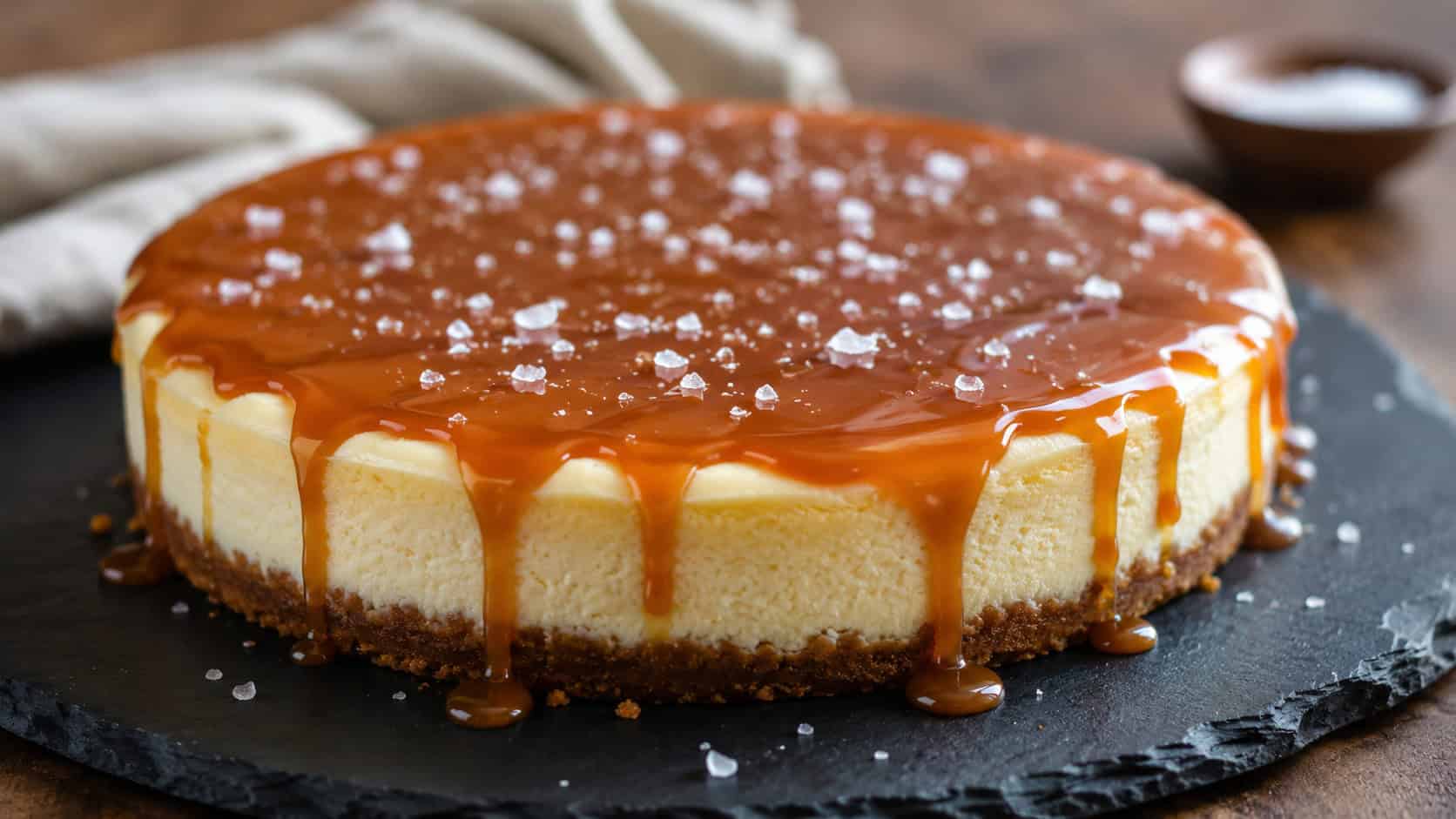 a cheesecake topped with glossy amber caramel dripping over the edges in a wide horizontal shot, flaky salt crystals catching the light, dark slate board, warm cozy natural light, shallow depth of field, landscape orientation