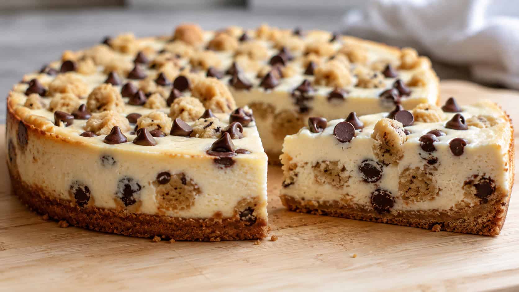 a creamy cheesecake studded with golden cookie dough chunks and chocolate chips in a wide horizontal shot, a sliced piece pulled forward, light wooden board, soft natural light, shallow depth of field, landscape orientation