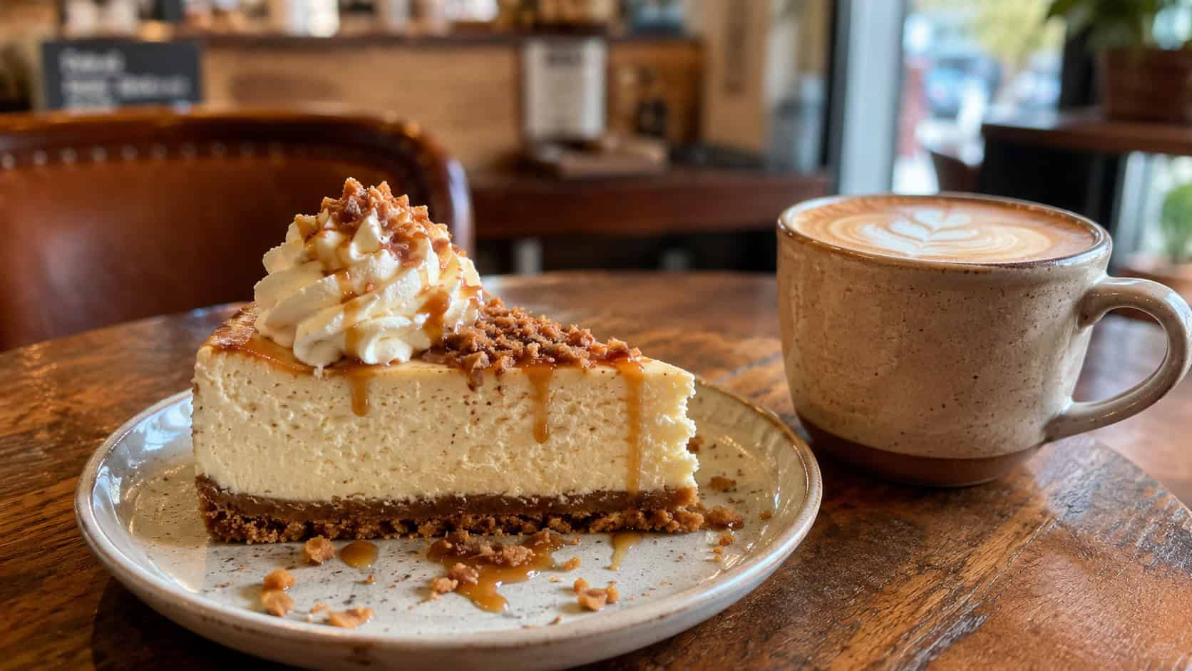 a vanilla-flecked latte cheesecake topped with toffee and a swirl of cream in a wide horizontal shot, on a cozy cafe table beside a latte mug, warm morning light, shallow depth of field, landscape orientation