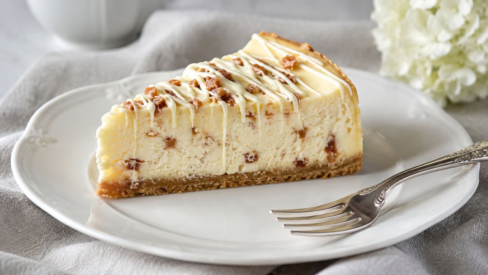 a pale white chocolate cheesecake with toffee and a white chocolate drizzle in a wide horizontal shot, on an elegant white plate with a silver fork on a soft gray cloth, bright refined light, shallow depth of field, landscape orientation