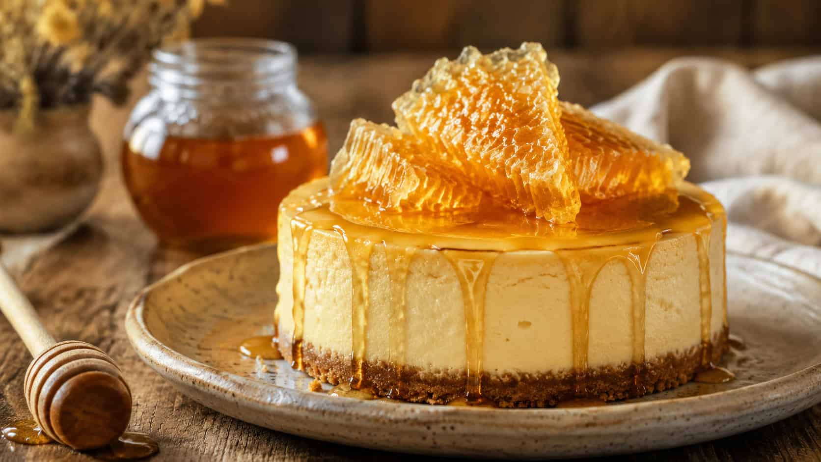 a honey cheesecake crowned with golden honeycomb shards in a wide horizontal shot, on a rustic plate beside a honey dipper and jar, warm amber light, shallow depth of field, landscape orientation