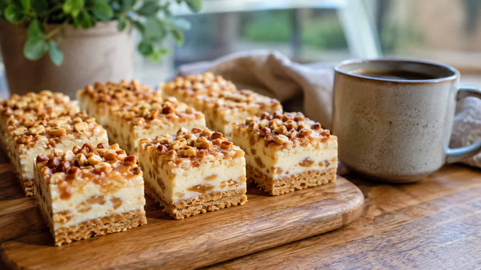 squares of toffee nut cheesecake bars topped with toasted nuts in a wide horizontal shot, arranged on a wooden board with a coffee cup nearby, warm natural light, shallow depth of field, landscape orientation