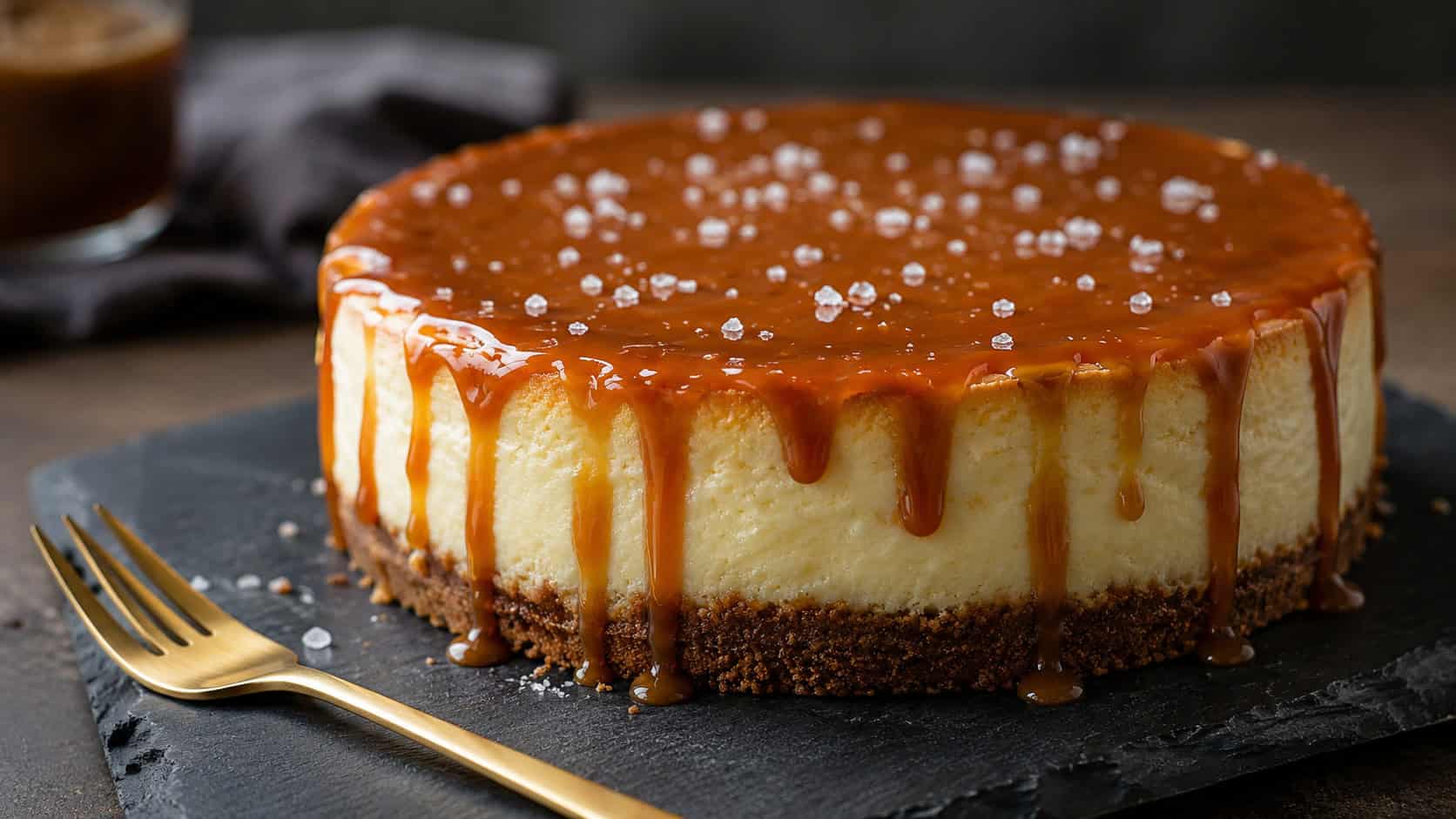 a glossy salted caramel cheesecake with dripping caramel and flecks of sea salt in a wide horizontal shot, on a dark slate board with a gold fork alongside, moody natural light, shallow depth of field, landscape orientation