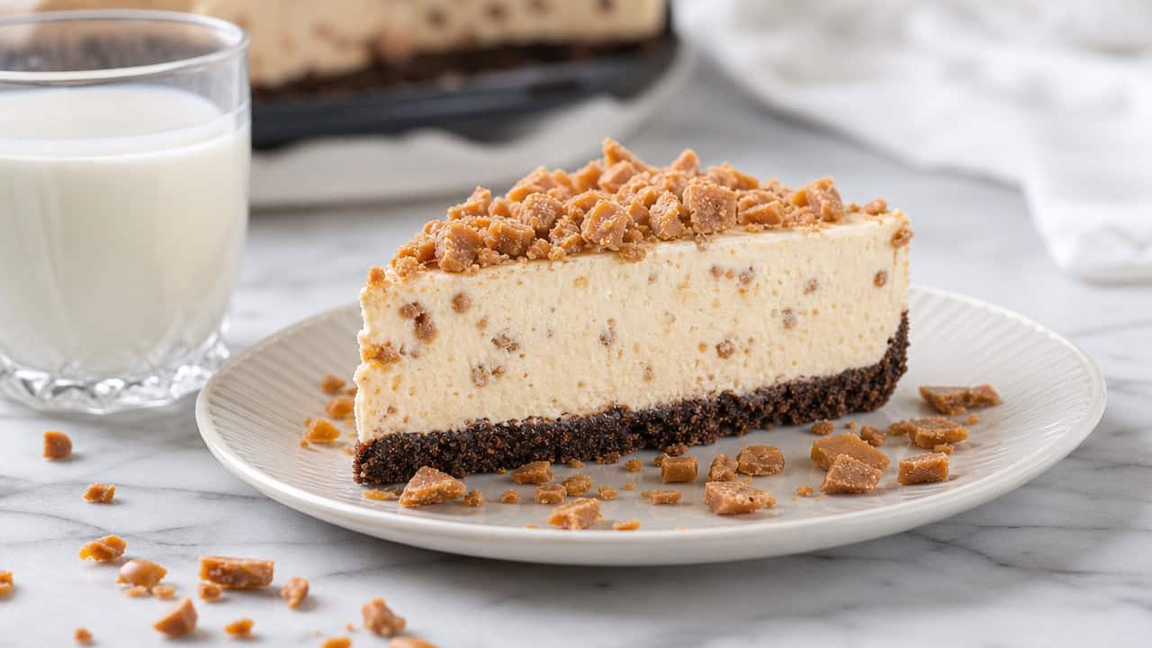 a chilled no-bake toffee cheesecake slice on a chocolate crust with toffee bits scattered around in a wide horizontal shot, on a pale marble counter with a glass of milk nearby, bright airy light, shallow depth of field, landscape orientation