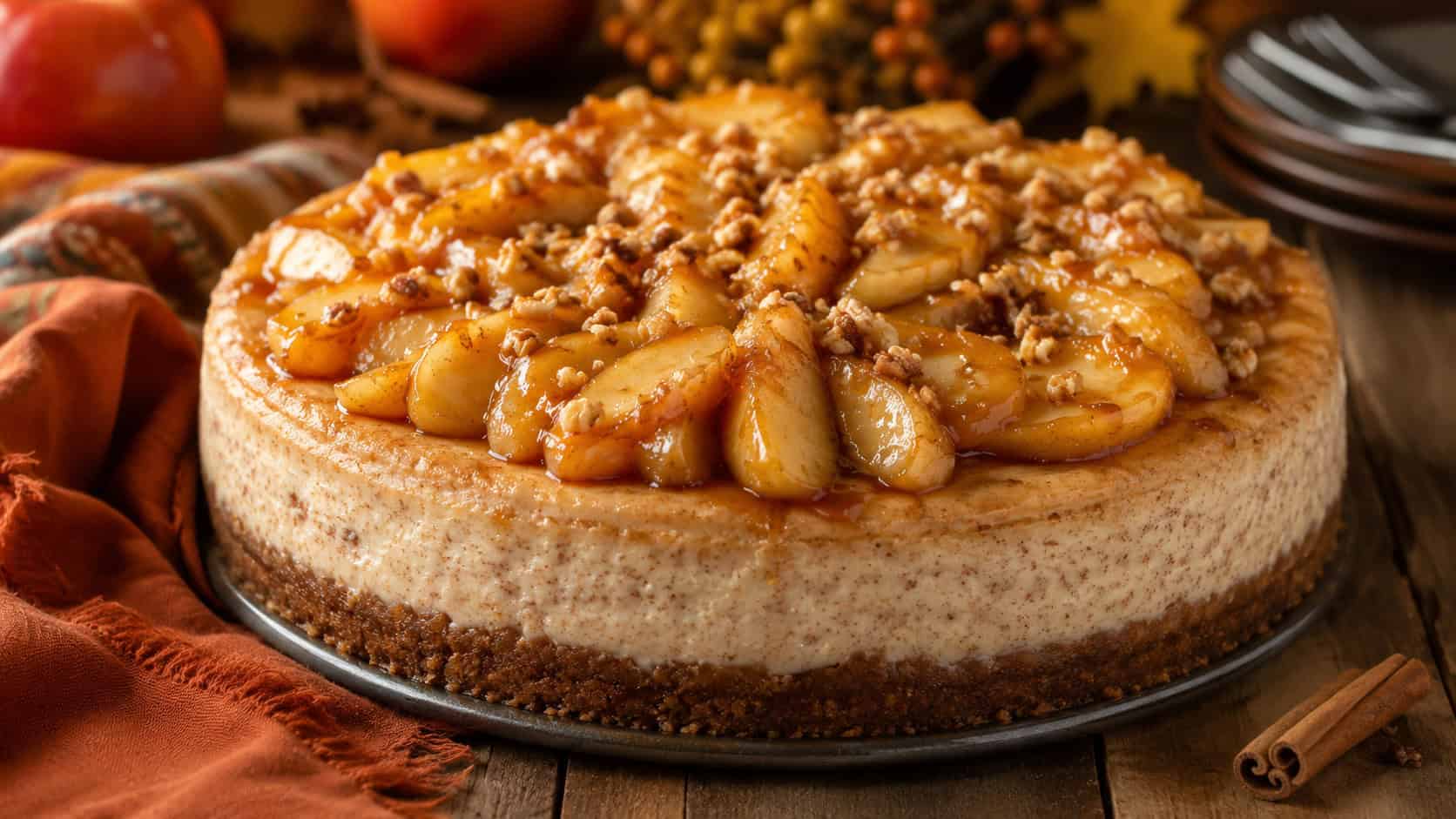 a cinnamon cheesecake topped with glistening sauteed apples and toffee crunch in a wide horizontal shot, on a rustic wooden table with autumn linens and a cinnamon stick, warm golden light, shallow depth of field, landscape orientation