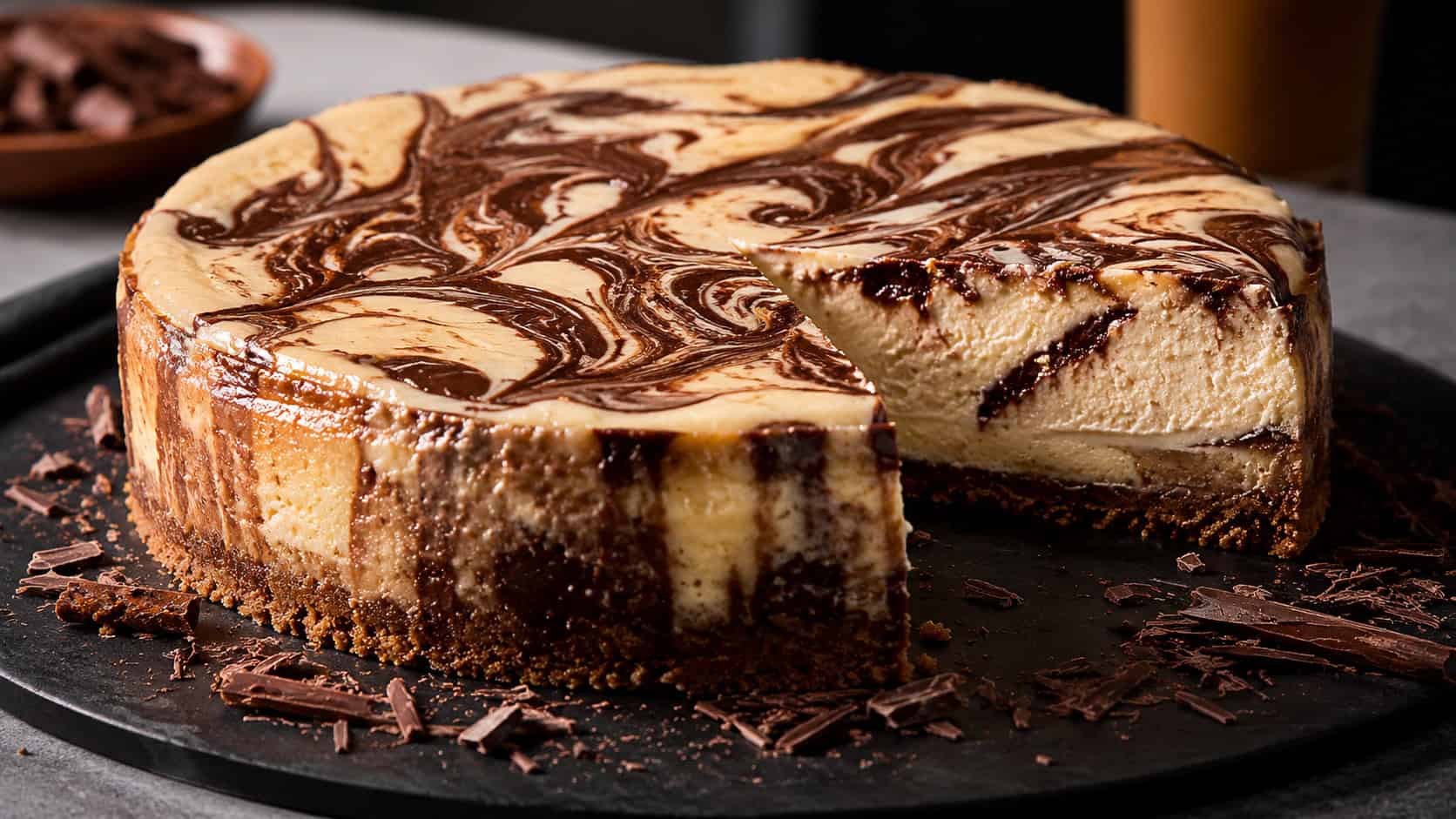 a chocolate-marbled toffee cheesecake with dramatic dark swirls in a wide horizontal shot, on a black serving plate with shaved chocolate scattered around, dramatic side light, shallow depth of field, landscape orientation