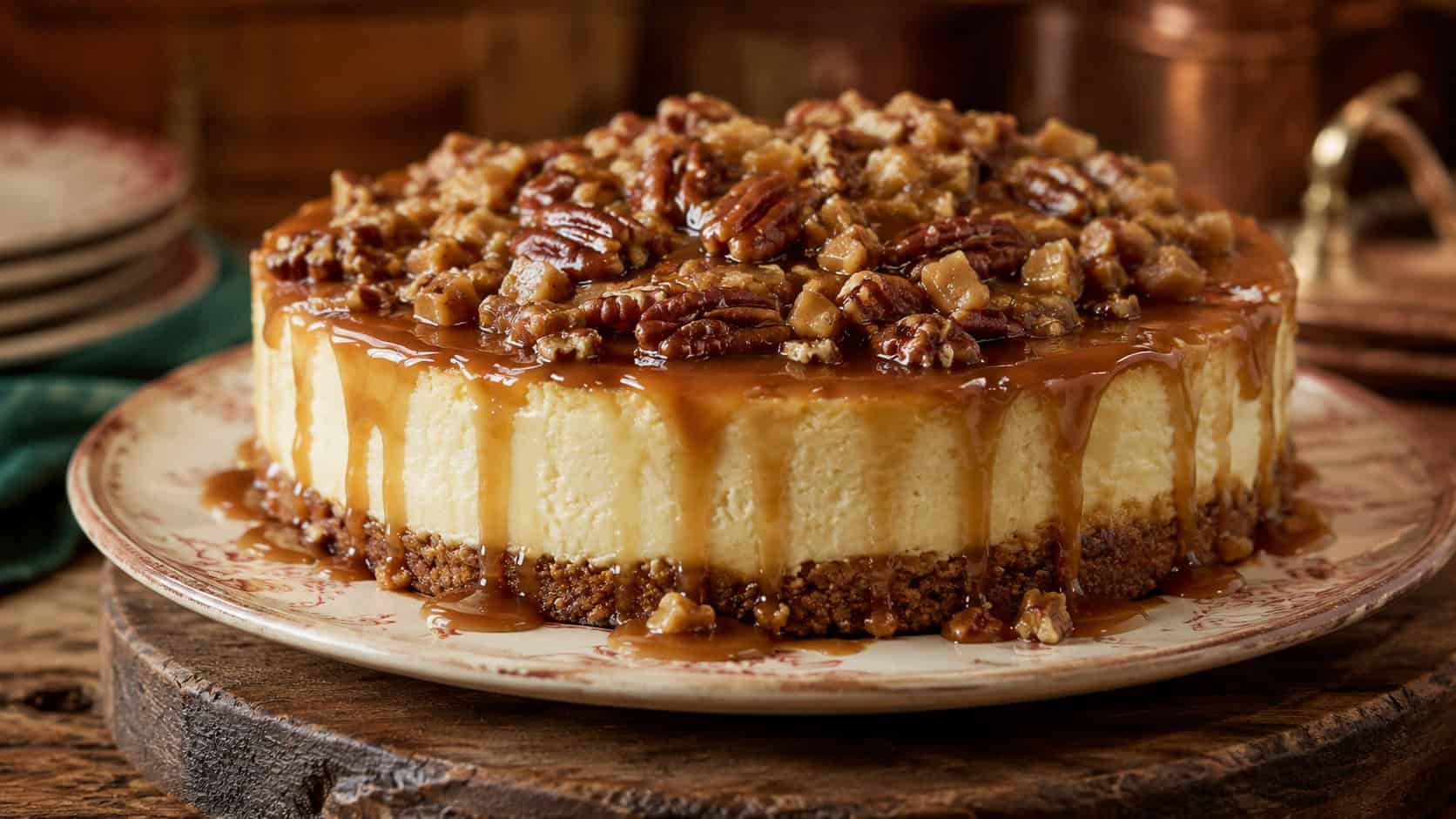 a cheesecake draped in glossy pecan praline sauce with toasted pecans and toffee in a wide horizontal shot, on a vintage ceramic plate atop a wooden board, warm cozy light, shallow depth of field, landscape orientation