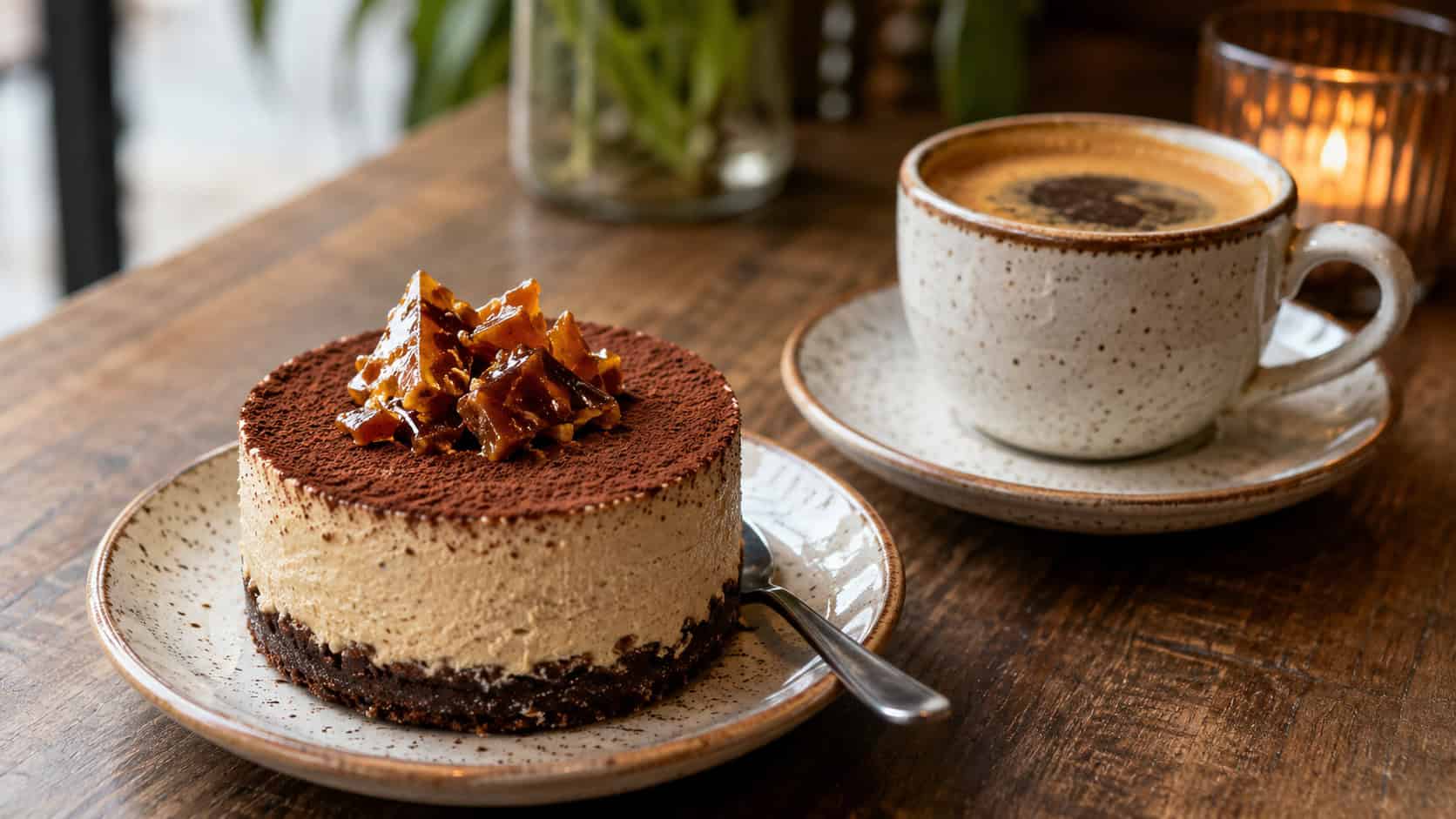 an espresso cheesecake dusted with cocoa and topped with toffee in a wide horizontal shot, on a small espresso saucer beside a cup of coffee, warm cafe-style light, shallow depth of field, landscape orientation